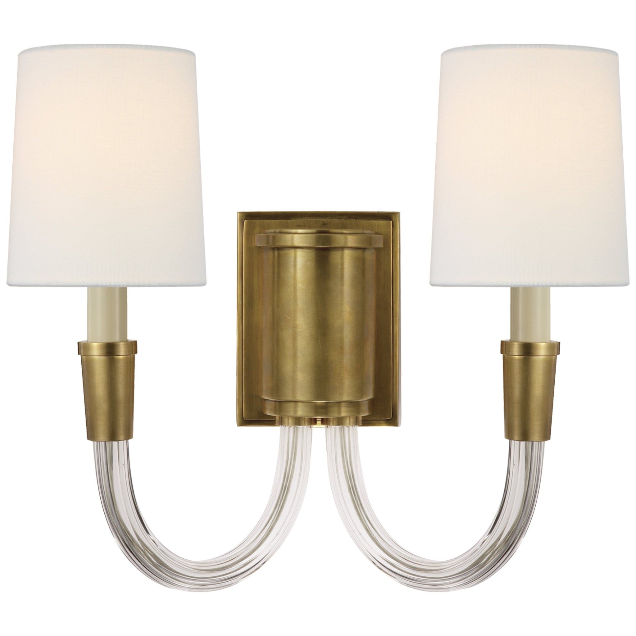 Thomas O'Brien Vivian Double Sconce in Hand-Rubbed Antique Brass with Linen Shades Wall Light W13.5" x H13.5"