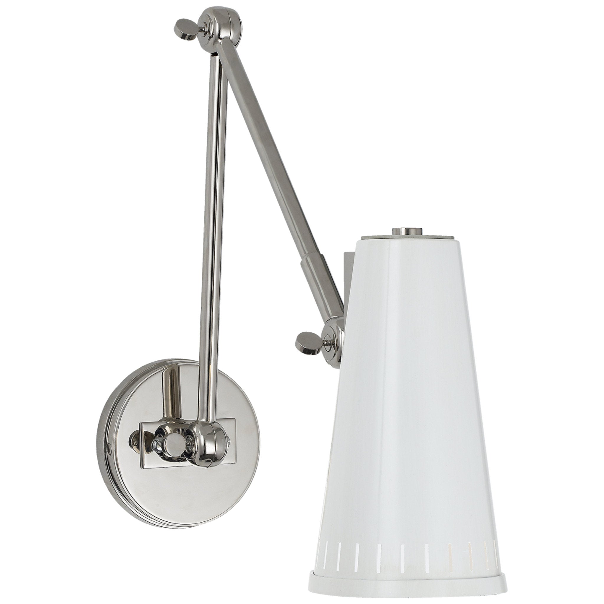 Thomas O'Brien Antonio Adjustable Two Arm Wall Lamp in Polished Nickel with Antique White Shade Wall Light W4.5" x H8.25"