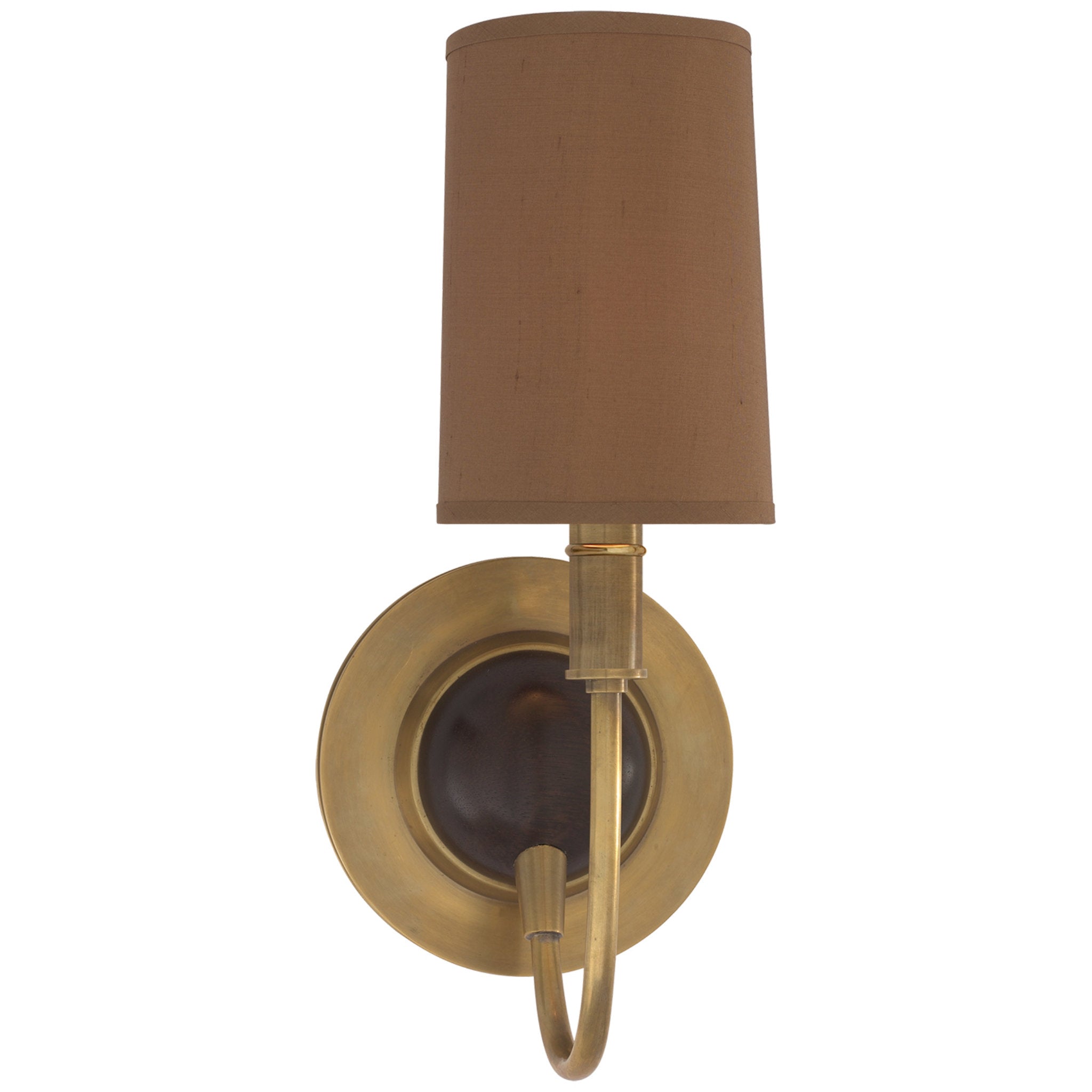 Thomas O'Brien Elkins Sconce in Hand-Rubbed Antique Brass and Chocolate Wood Finish with Fawn Silk Shade Wall Light W5.5" x H13.75"