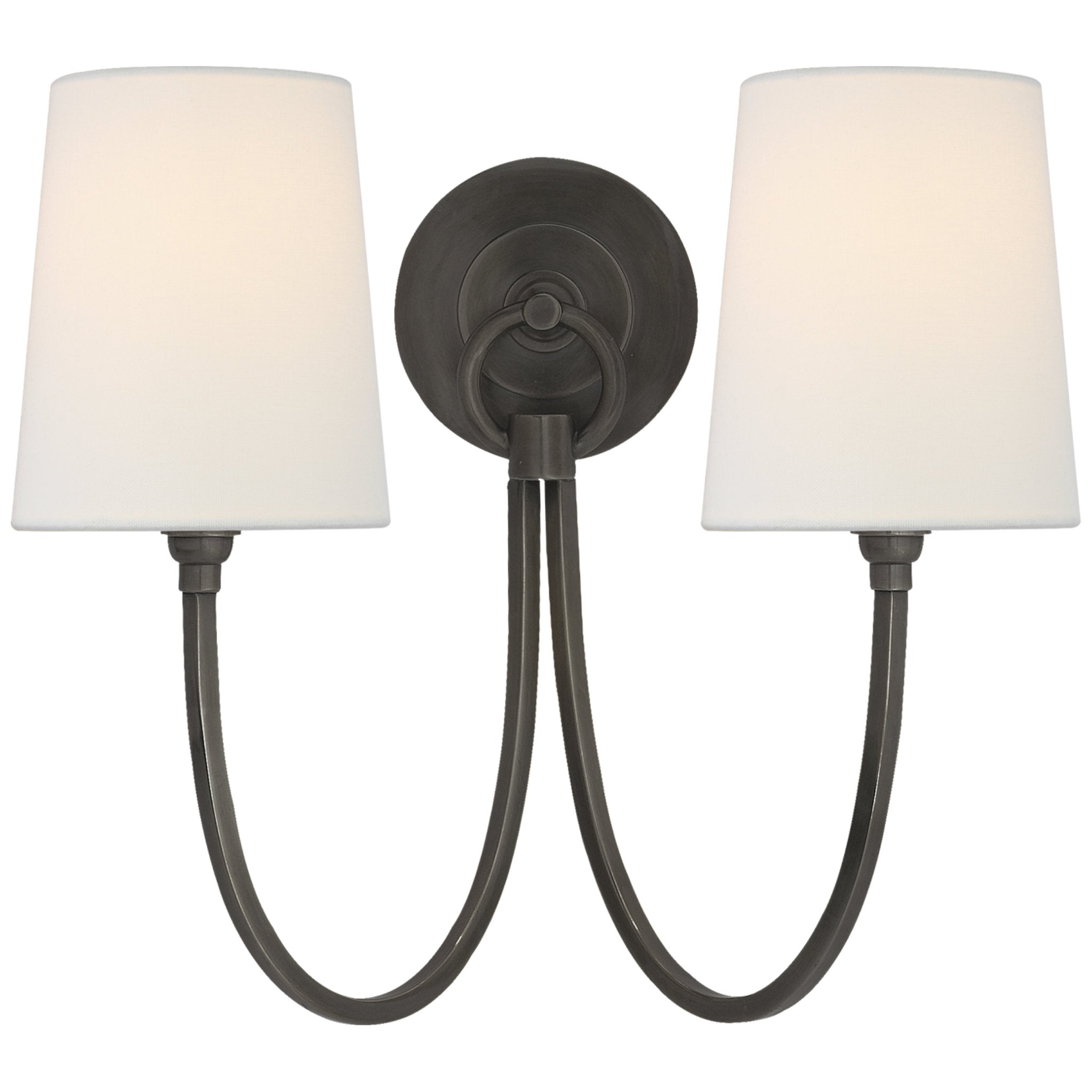 Thomas O'Brien Reed Double Sconce in Bronze with Linen Shades Wall Light W15" x H13"