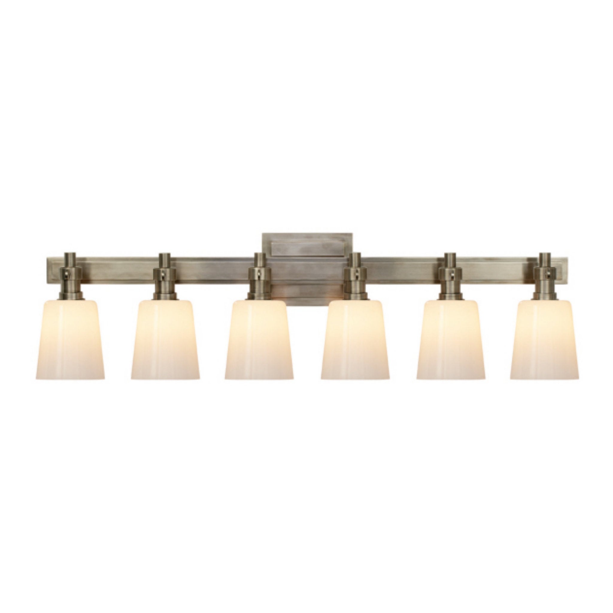 Thomas O'Brien Bryant Six-Light Linear Bath Sconce in Antique Nickel with White Glass Wall Light W29" x H8"