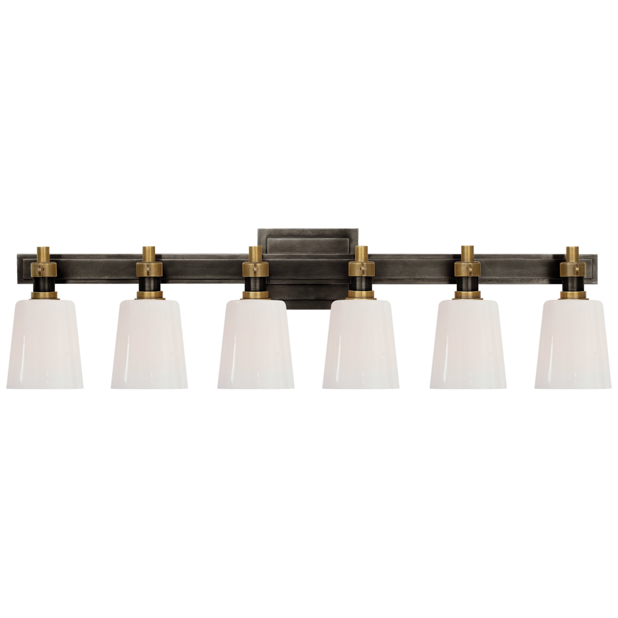 Thomas O'Brien Bryant Six-Light Linear Bath Sconce in Bronze and Hand-Rubbed Antique Brass with White Glass Wall Light W29" x H8"