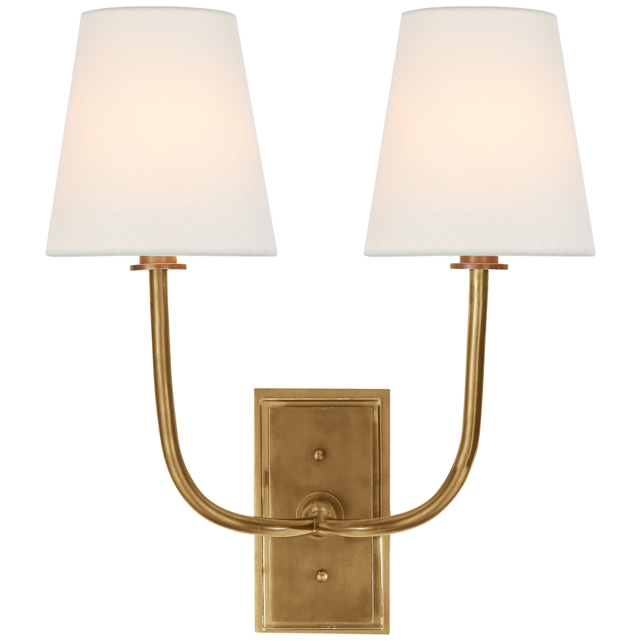 Thomas O'Brien Hulton Double Sconce in Hand-Rubbed Antique Brass with Crystal Backplate with Linen Shades Wall Light W14" x H17.5"