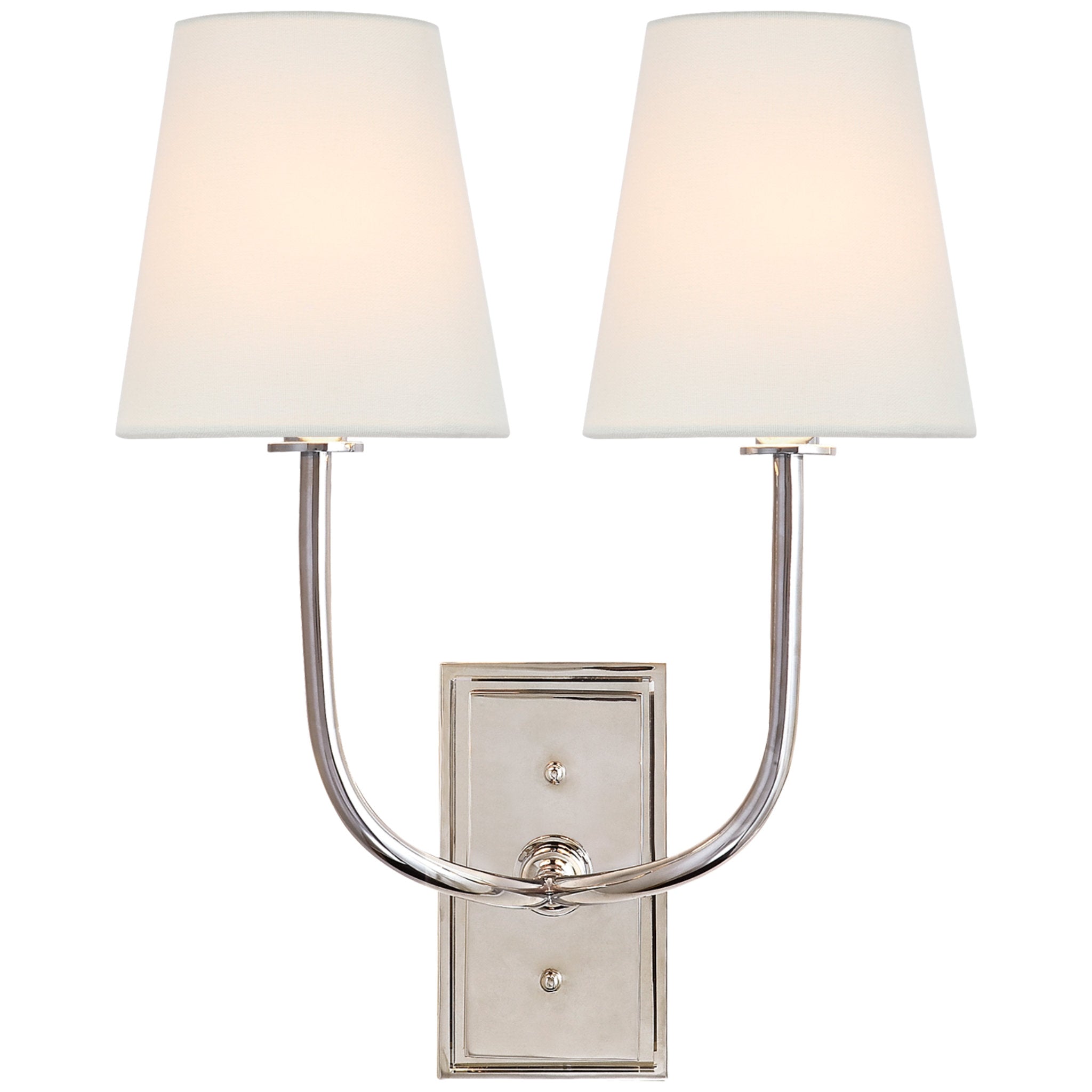 Thomas O'Brien Hulton Double Sconce in Polished Nickel with Crystal Backplate with Linen Shades Wall Light W14" x H17.5"