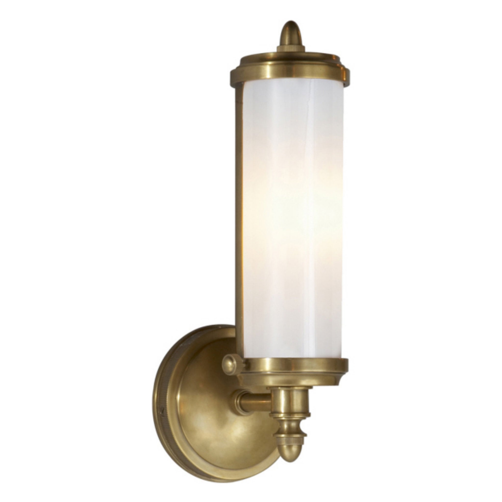 Thomas O'Brien Merchant Single Bath Light in Hand-Rubbed Antique Brass with White Glass Wall Light W4.5" x H12.25"