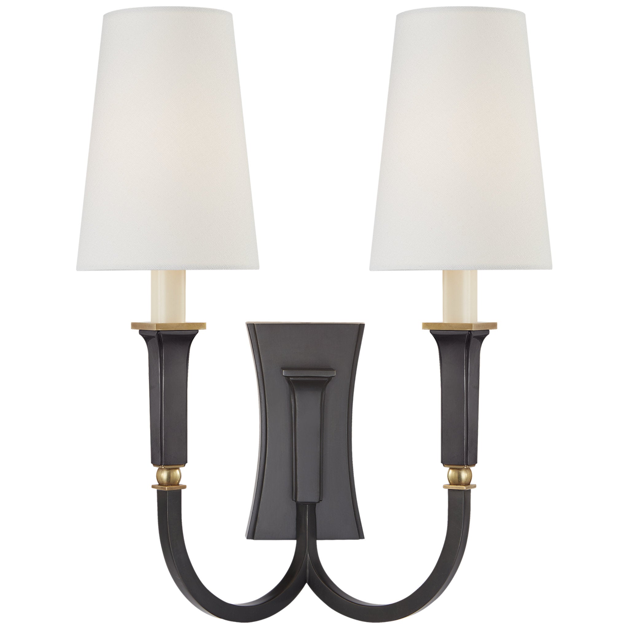 Thomas O'Brien Delphia Large Double Arm Sconce in Bronze and Hand-Rubbed Antique Brass with Linen Shade Wall Light W12.5" x H17"