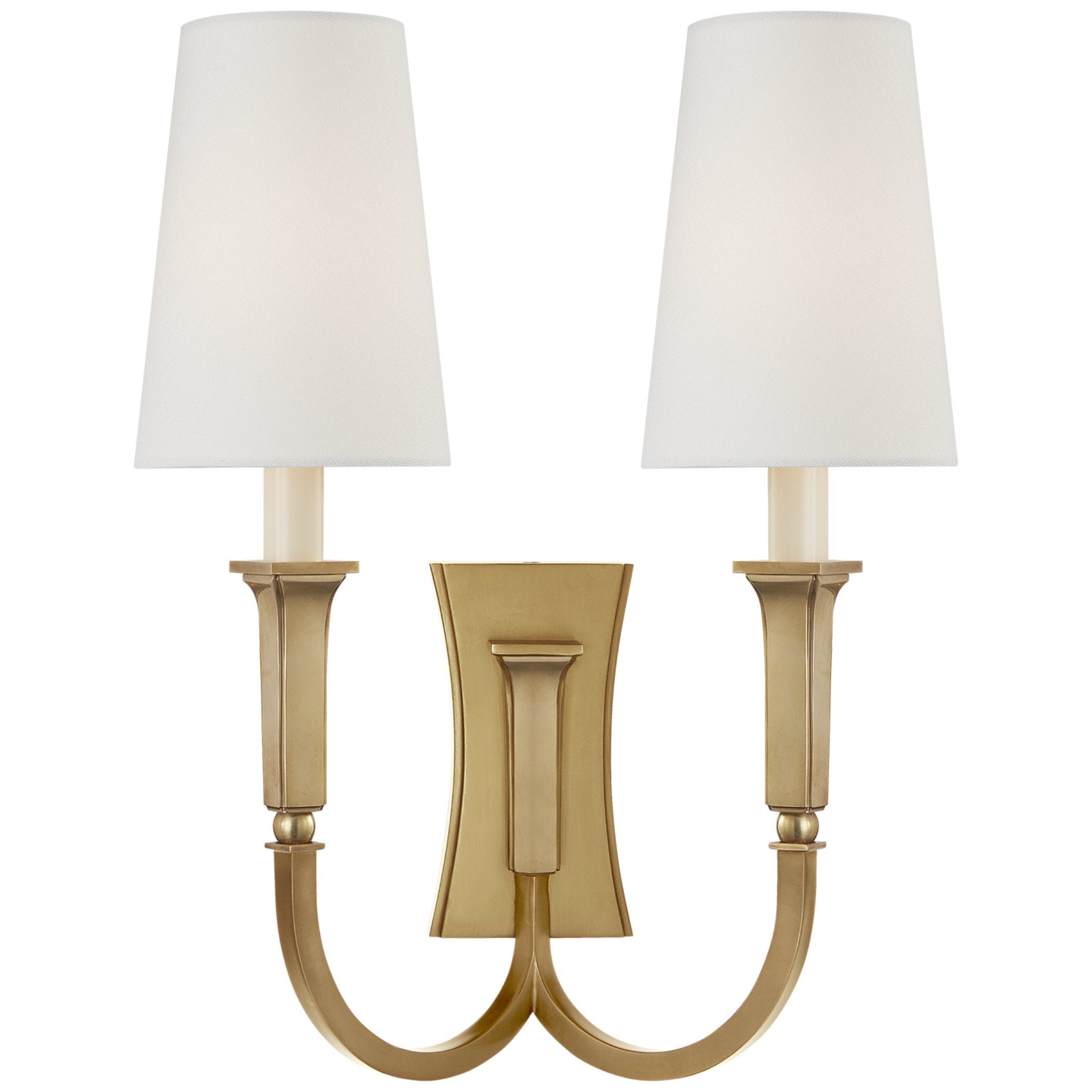 Thomas O'Brien Delphia Large Double Arm Sconce in Hand-Rubbed Antique Brass with Linen Shade Wall Light W12.5" x H17"