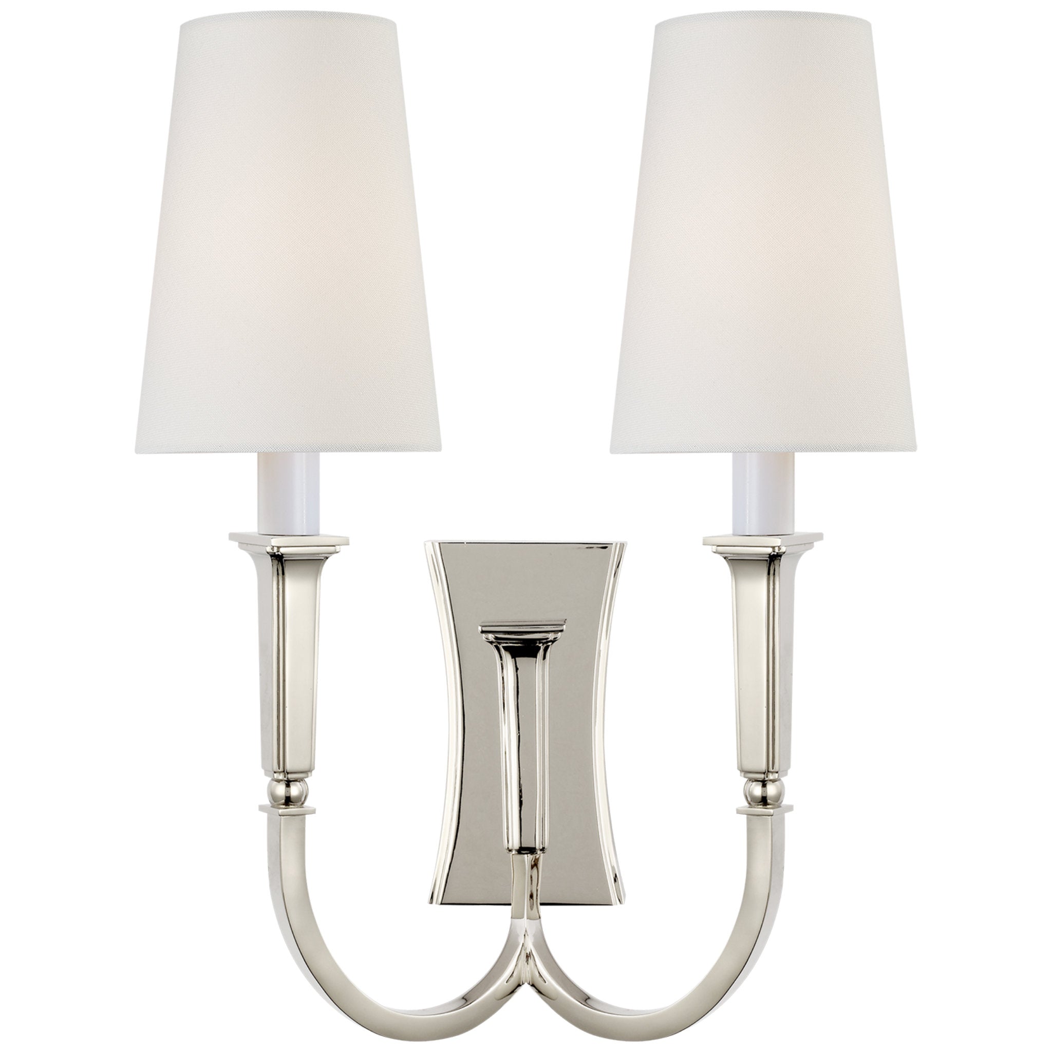 Thomas O'Brien Delphia Large Double Arm Sconce in Polished Nickel with Linen Shade Wall Light W12.5" x H17"