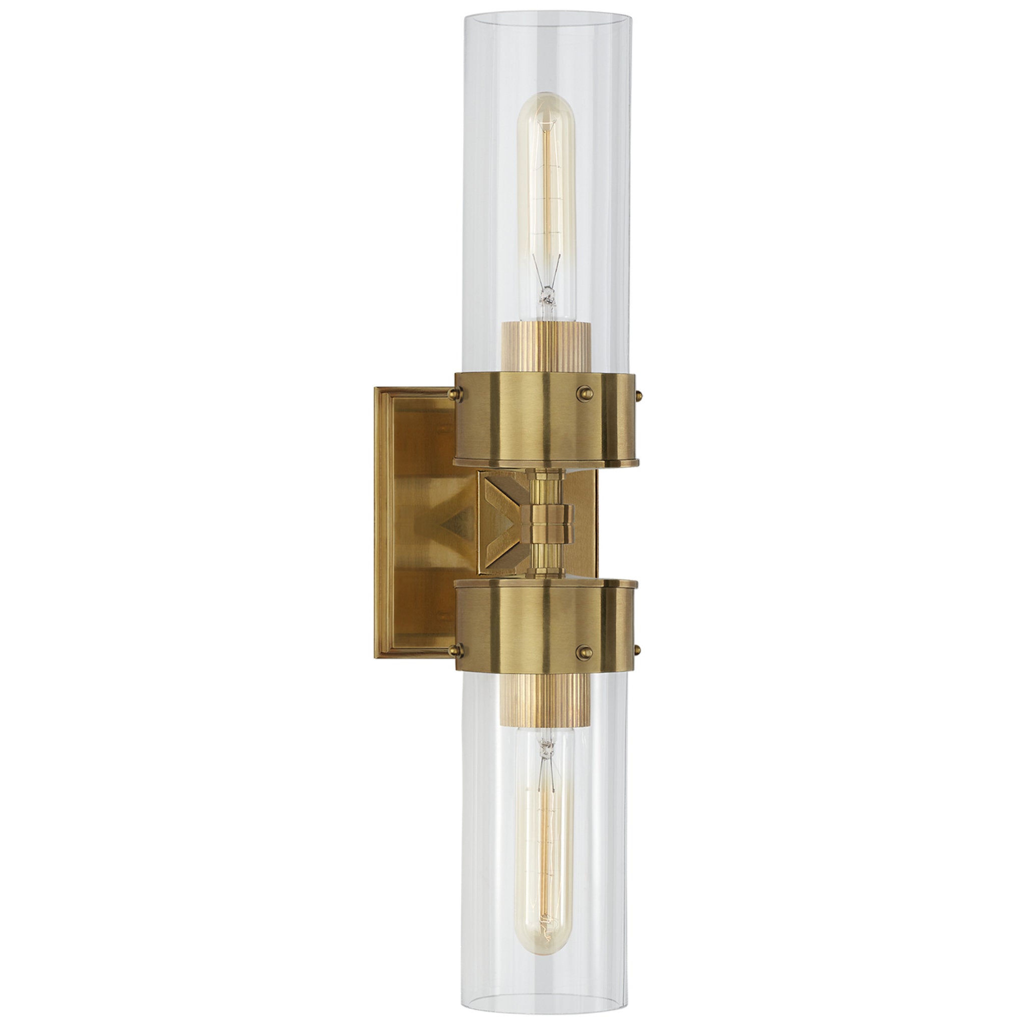 Thomas O'Brien Marais Large Double Bath Sconce in Hand-Rubbed Antique Brass with Clear Glass Wall Light W4.75" x H19.75"