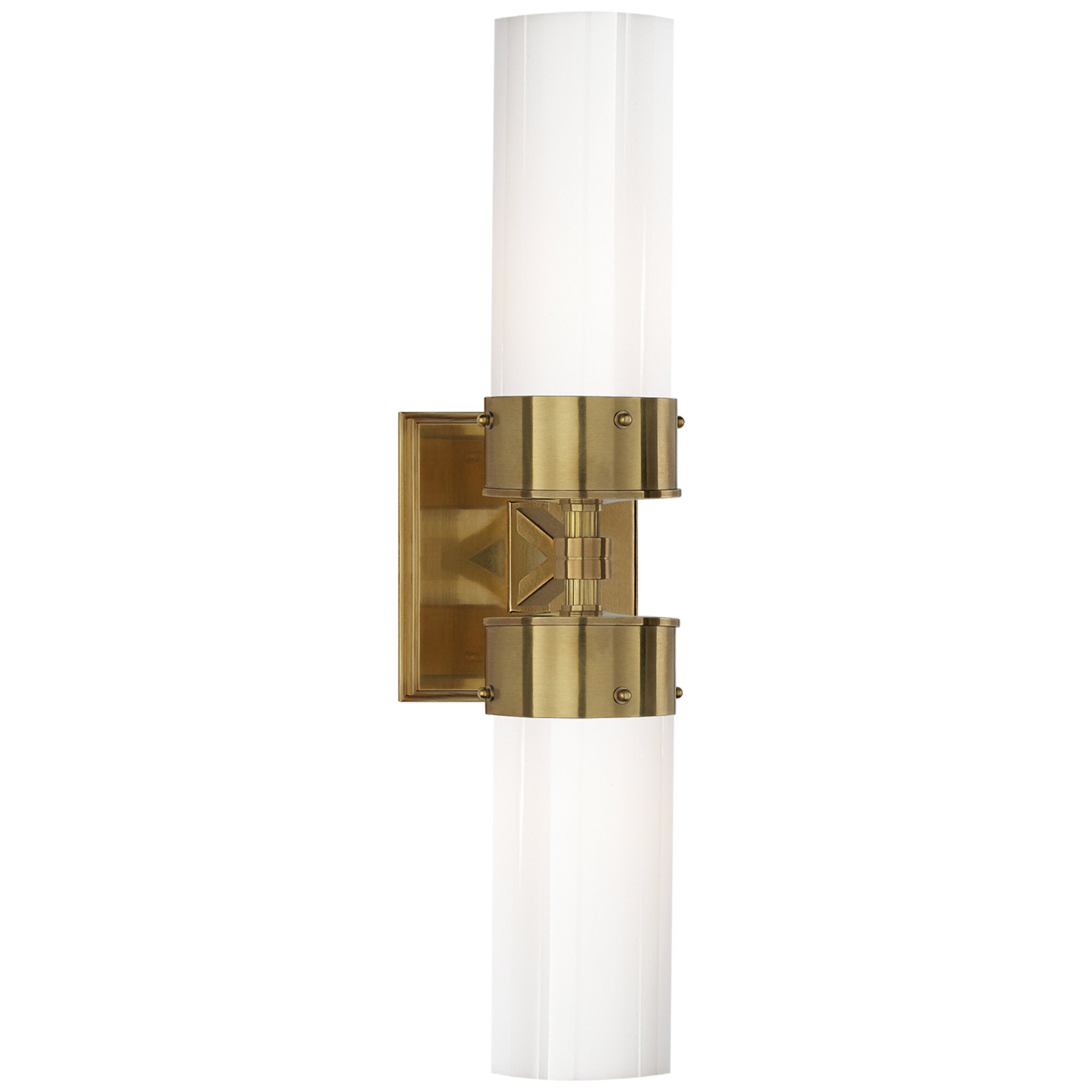 Thomas O'Brien Marais Large Double Bath Sconce in Hand-Rubbed Antique Brass with White Glass Wall Light W4.75" x H19.75"