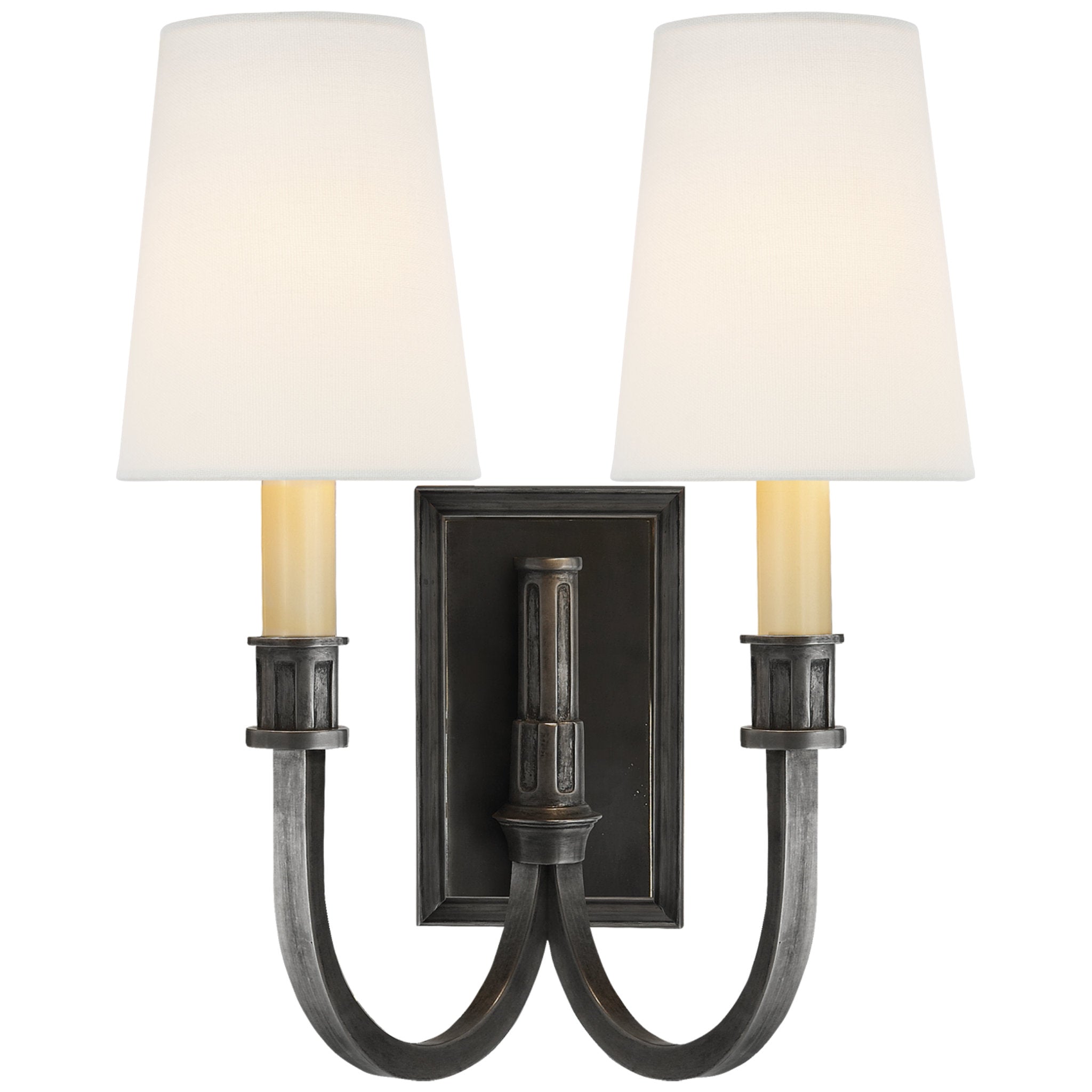 Thomas O'Brien Modern Library Double Sconce in Bronze with Linen Shades Wall Light W11.5" x H14.5"