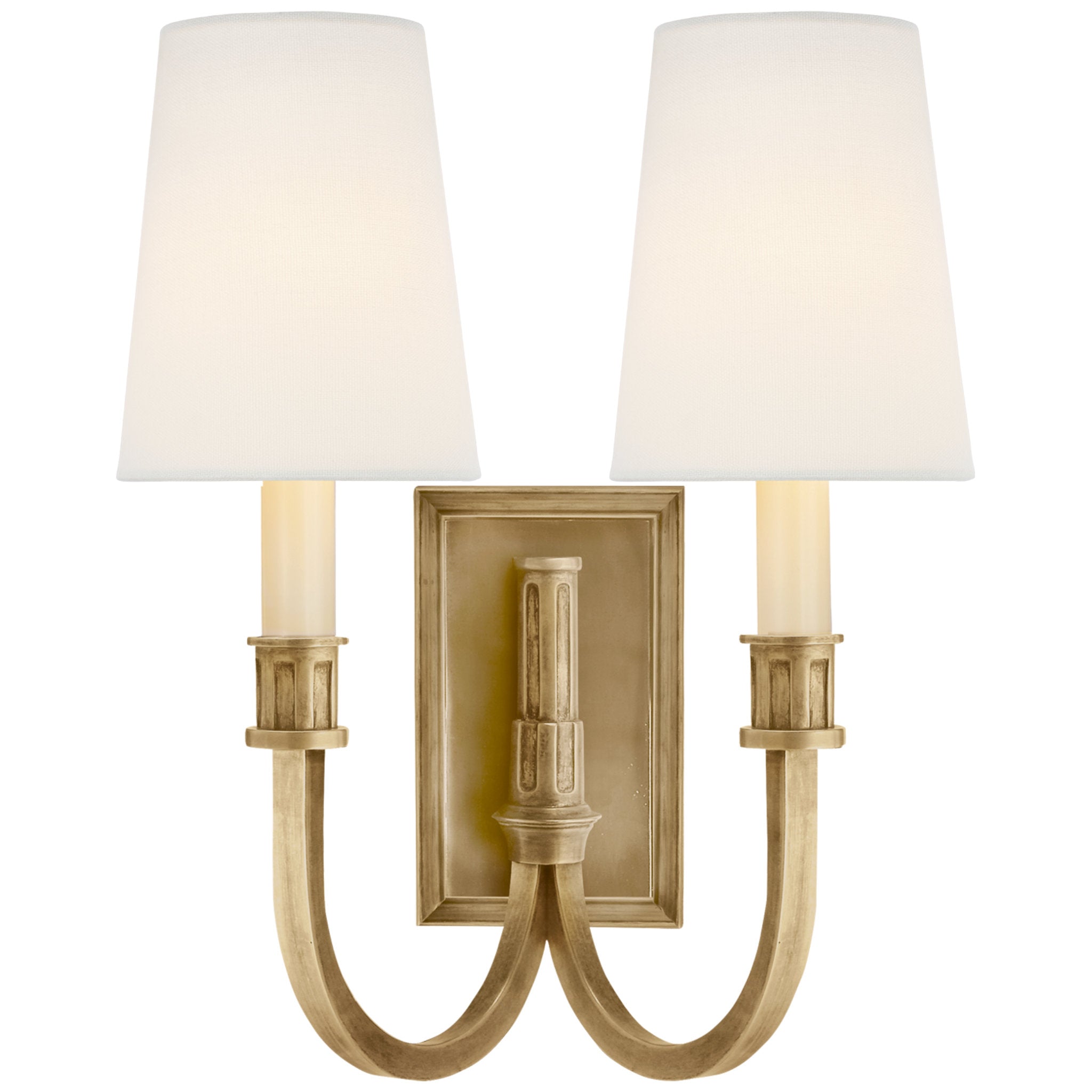 Thomas O'Brien Modern Library Double Sconce in Hand-Rubbed Antique Brass with Linen Shades Wall Light W11.5" x H14.5"