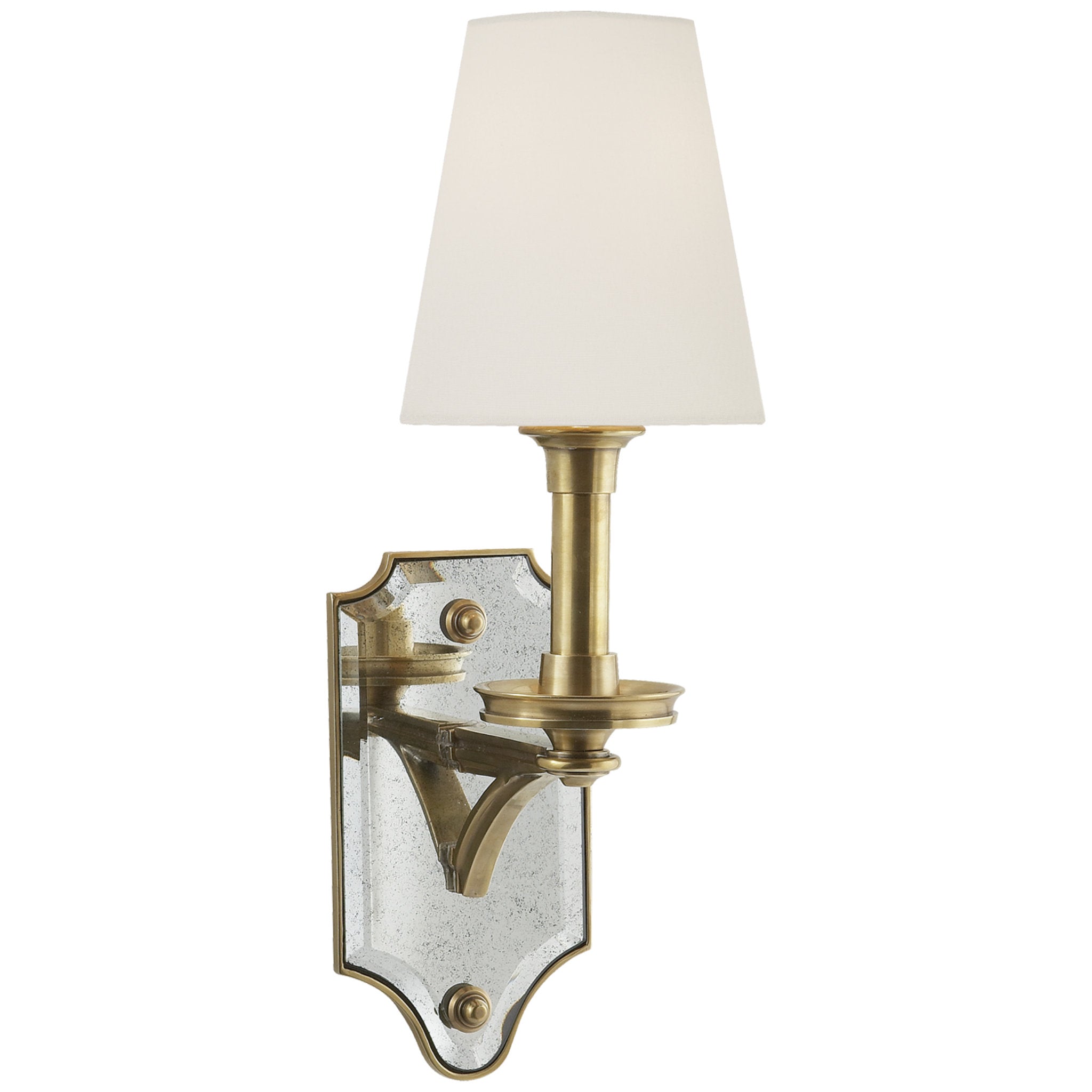 Thomas O'Brien Verona Mirrored Sconce in Hand-Rubbed Antique Brass with Linen Shade Wall Light W5.5" x H16.5"