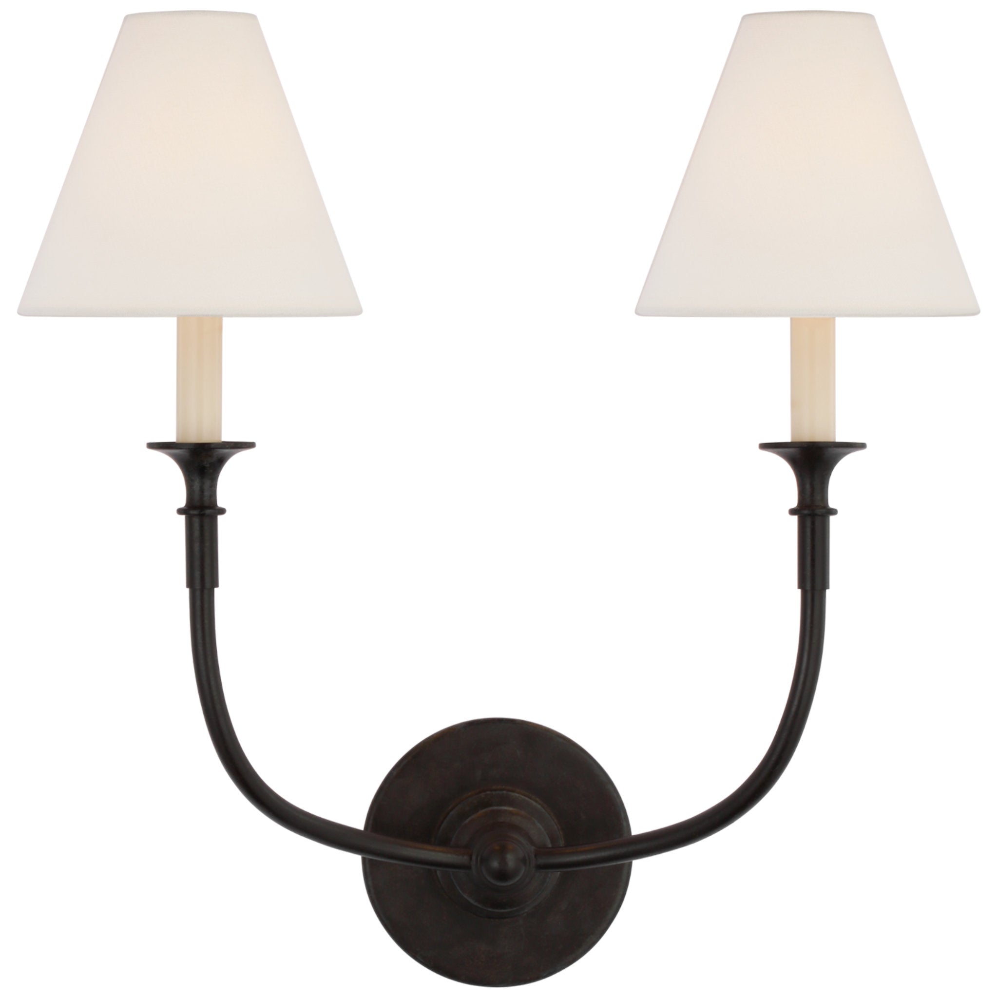 Thomas O'Brien Piaf Double Sconce in Aged Iron with Linen Shades Wall Light W18.5" x H18.75"