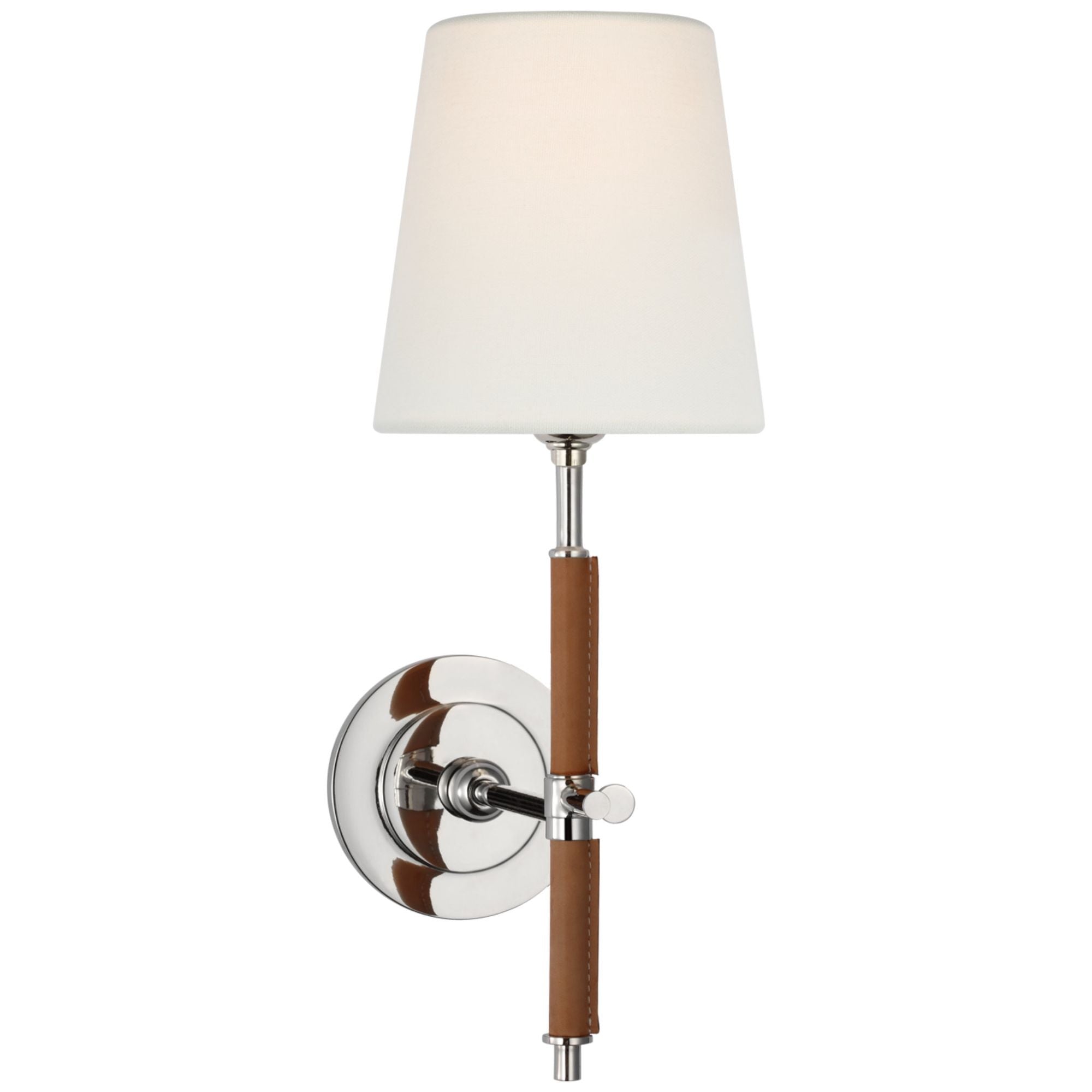 Thomas O'Brien Bryant Wrapped Sconce in Polished Nickel and Natural Leather with Linen Shade Wall Light W5.5" x H14.5"