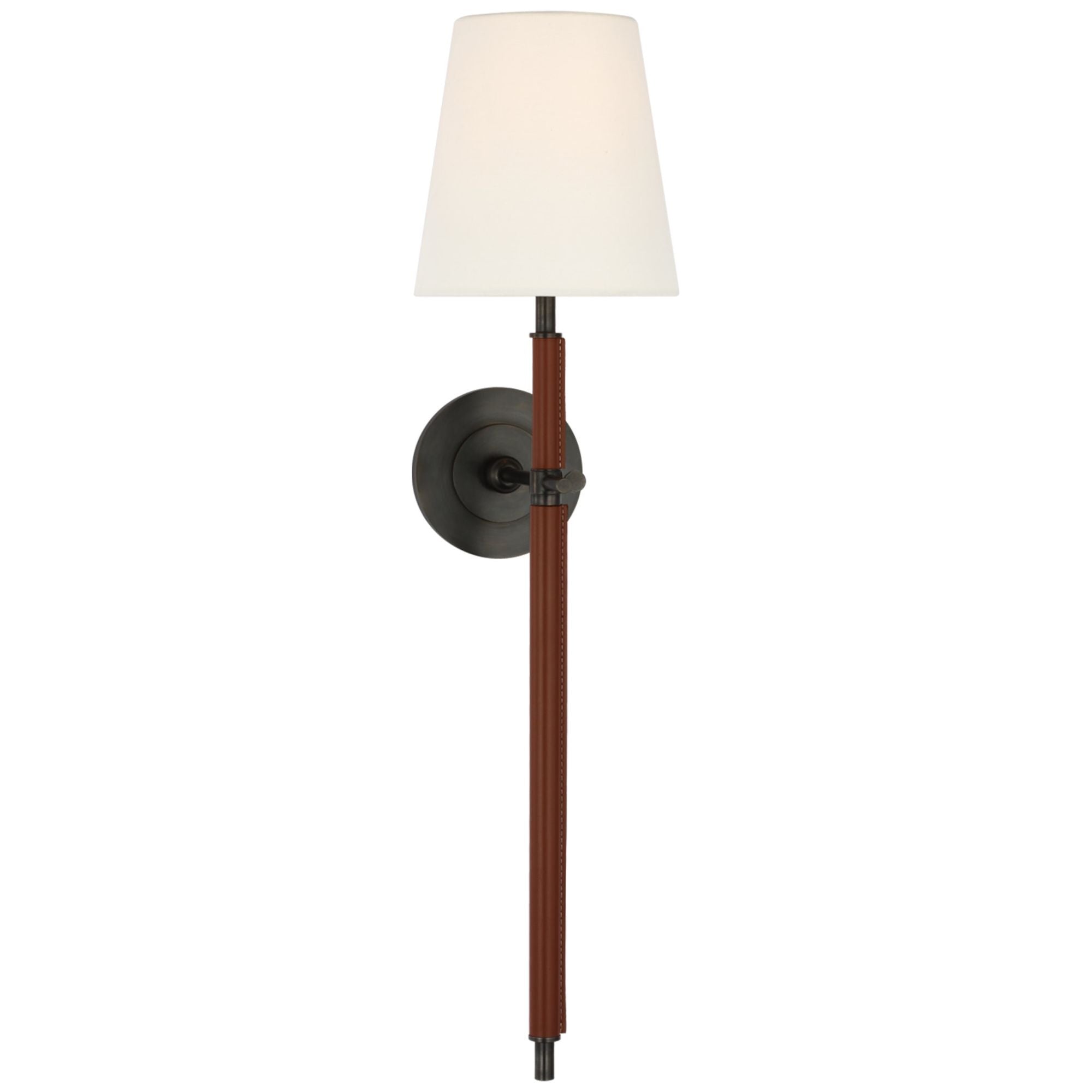 Thomas O'Brien Bryant Large Wrapped Tail Sconce in Bronze and Saddle Leather with Linen Shade Wall Light W6.5" x H26"
