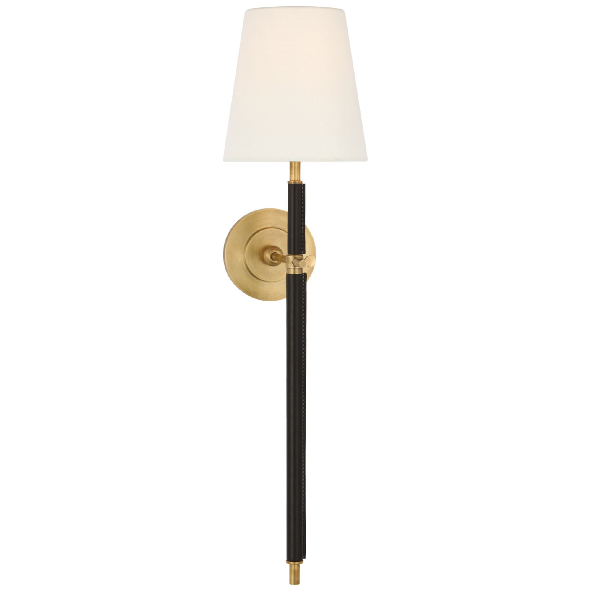 Thomas O'Brien Bryant Large Wrapped Tail Sconce in Hand-Rubbed Antique Brass and Chocolate Leather with Linen Shade Wall Light W6.5" x H26"