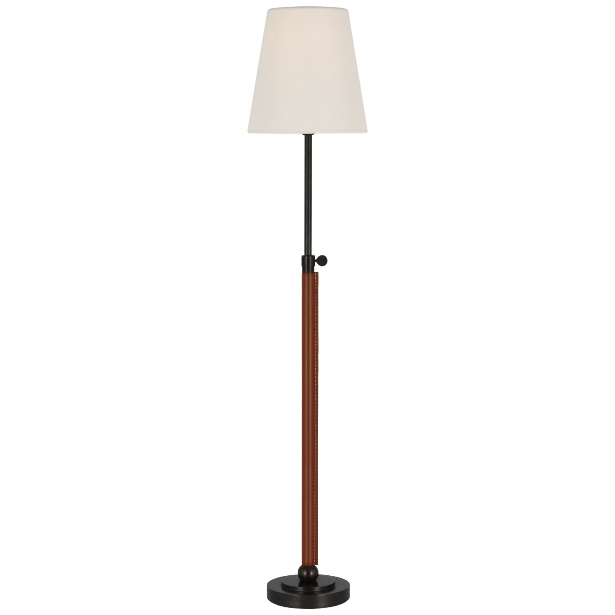 Thomas O'Brien Bryant Wrapped Table Lamp in Bronze and Saddle Leather with Linen Shade W6" x H24.5" - 30.5"