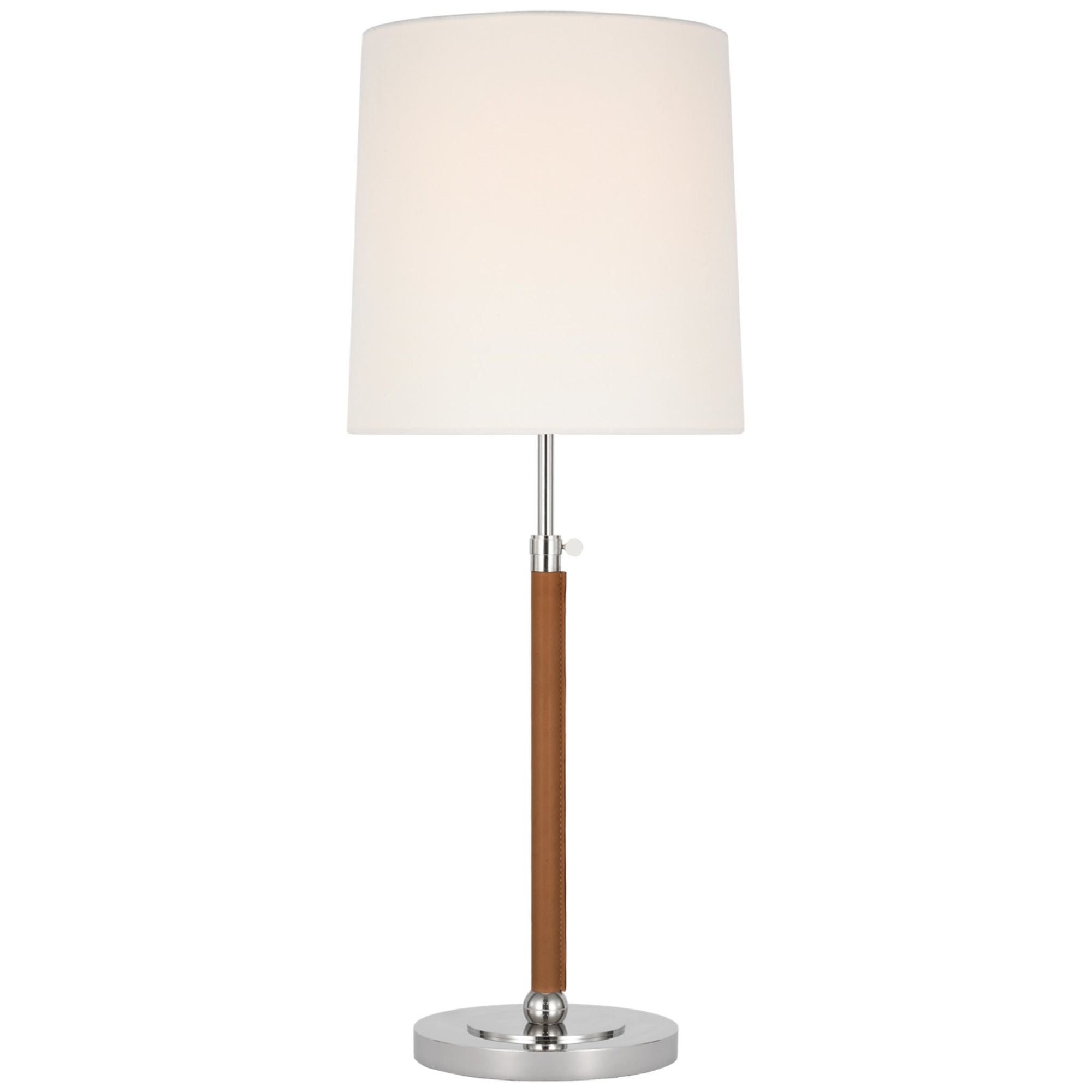 Thomas O'Brien Bryant Large Wrapped Table Lamp in Polished Nickel and Natural Leather with Linen Shade W12" x H27.5" - 31.5"