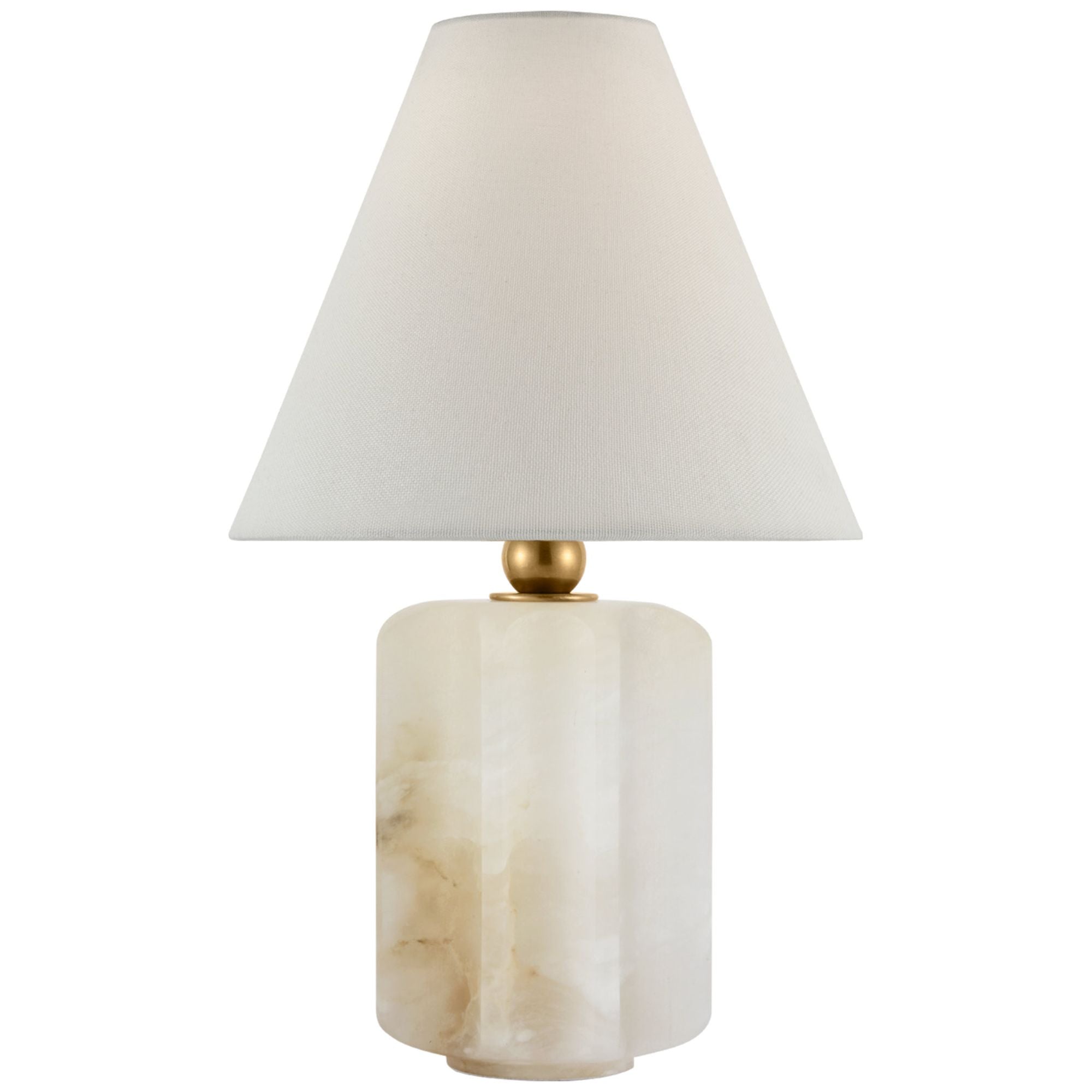 Thomas O'Brien Iota Small Table Lamp in Alabaster and Hand-Rubbed Antique Brass with Linen Shade W9" x H15.5"