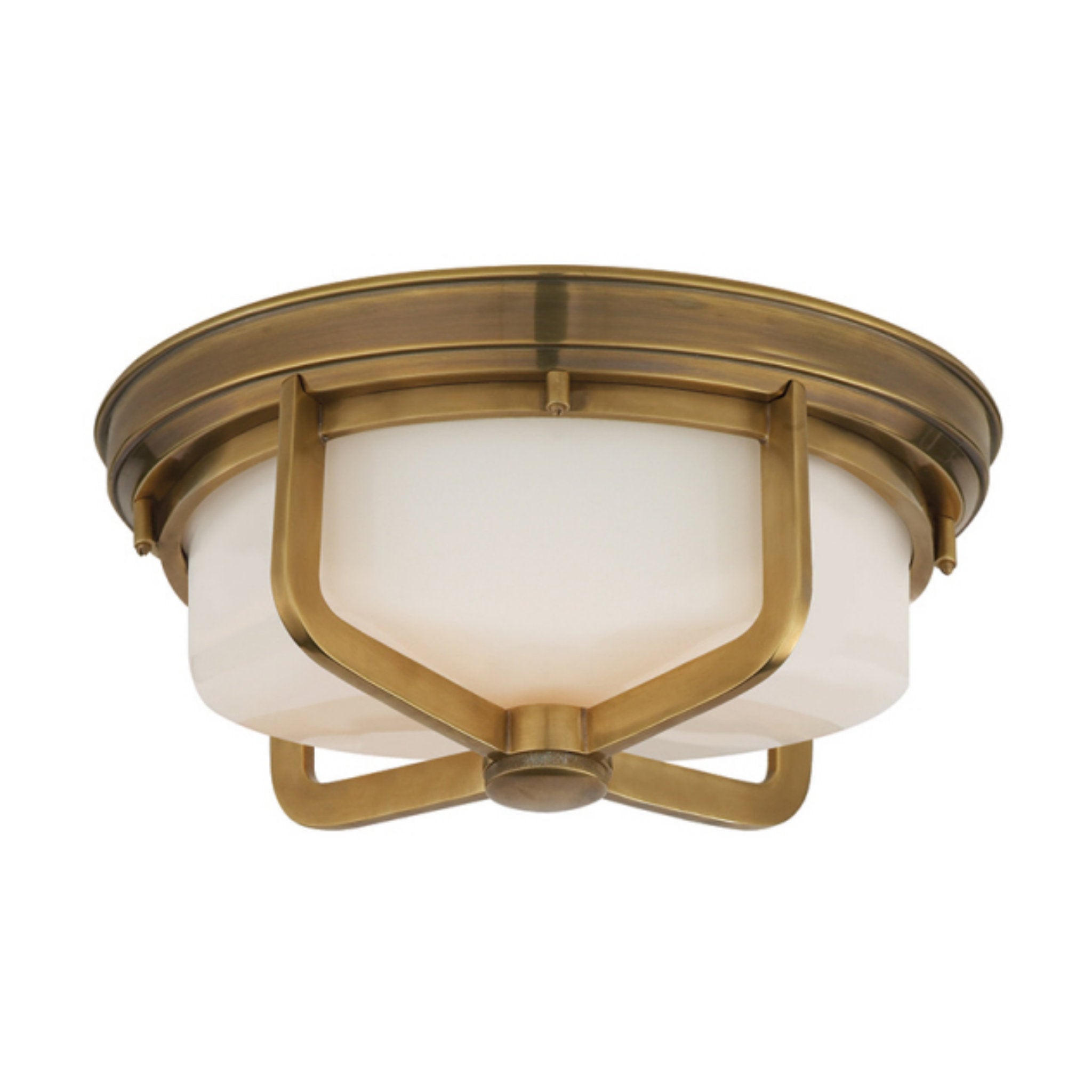 Thomas O'Brien Milton Large Flush Mount in Hand-Rubbed Antique Brass with White Glass Ceiling Light W14.5" x H6"
