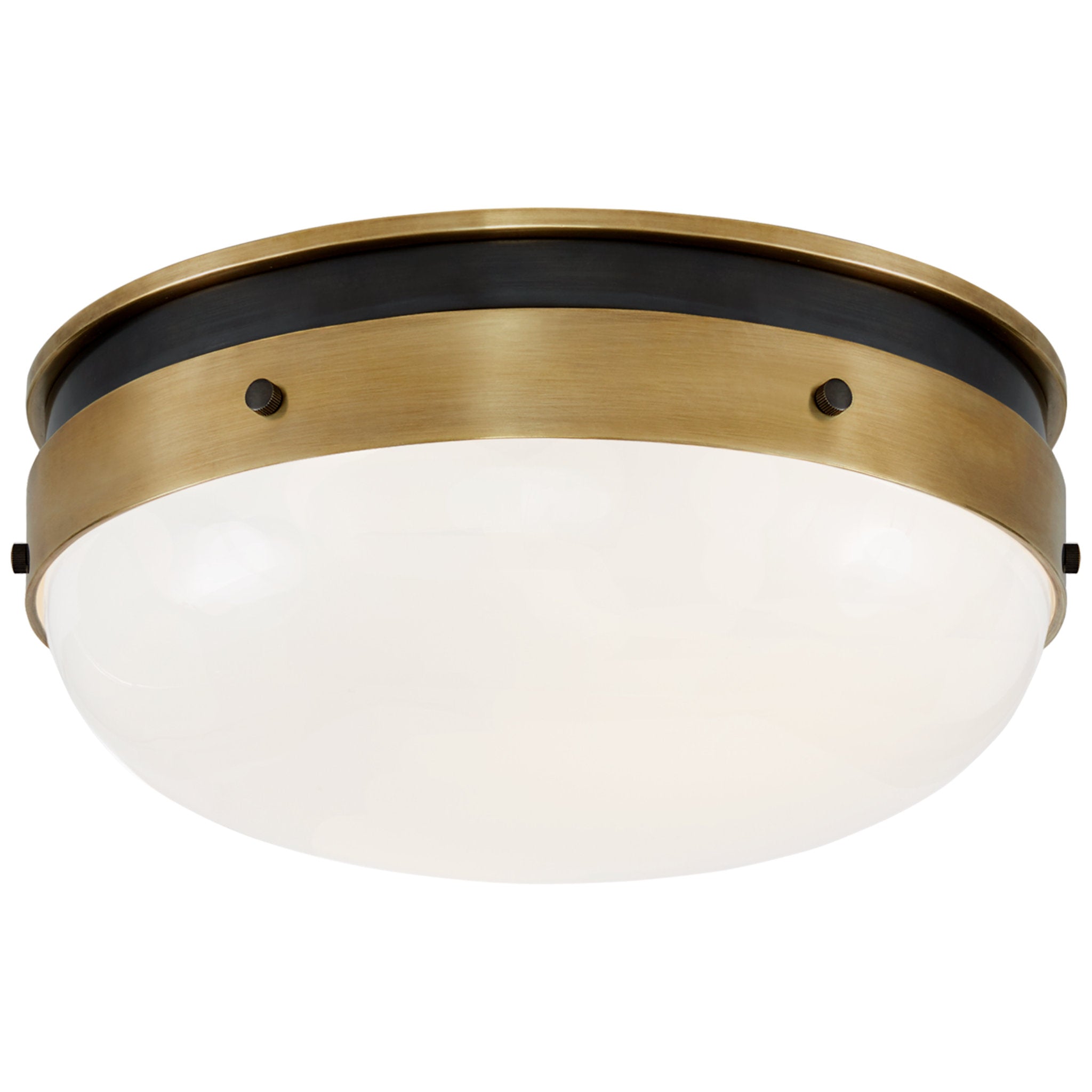 Thomas O'Brien Hicks Small Flush Mount in Bronze and Hand-Rubbed Antique Brass with White Glass Ceiling Light W13" x H5.5"