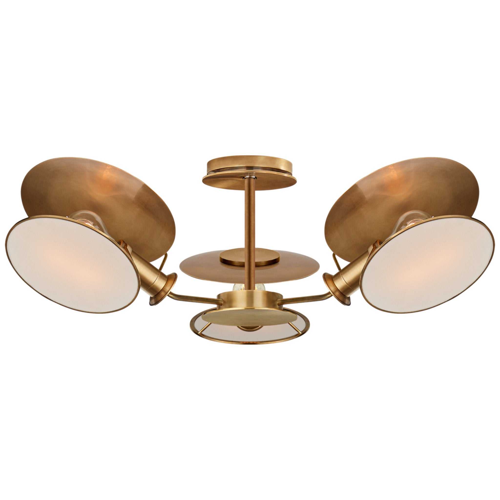 Thomas O'Brien Osiris Medium Reflector Semi-Flush Mount in Hand-Rubbed Antique Brass with Linen Diffusers Ceiling Light W31.5" x H9.5"