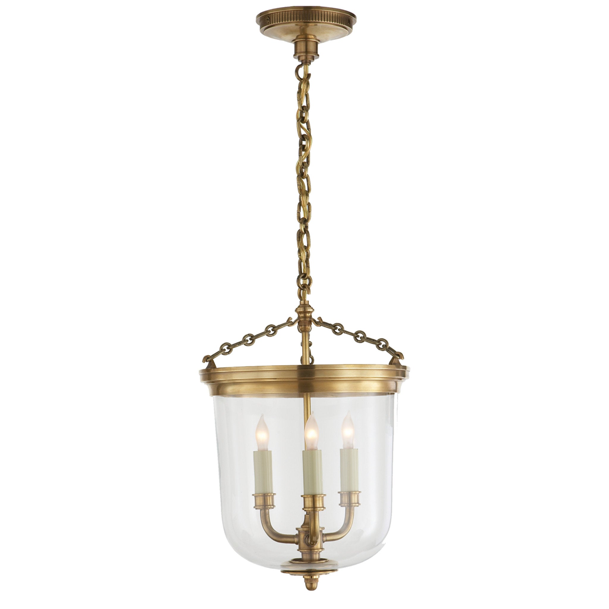 Thomas O'Brien Merchant Lantern in Hand-Rubbed Antique Brass with Clear Glass Ceiling Light W11.75" x H18"