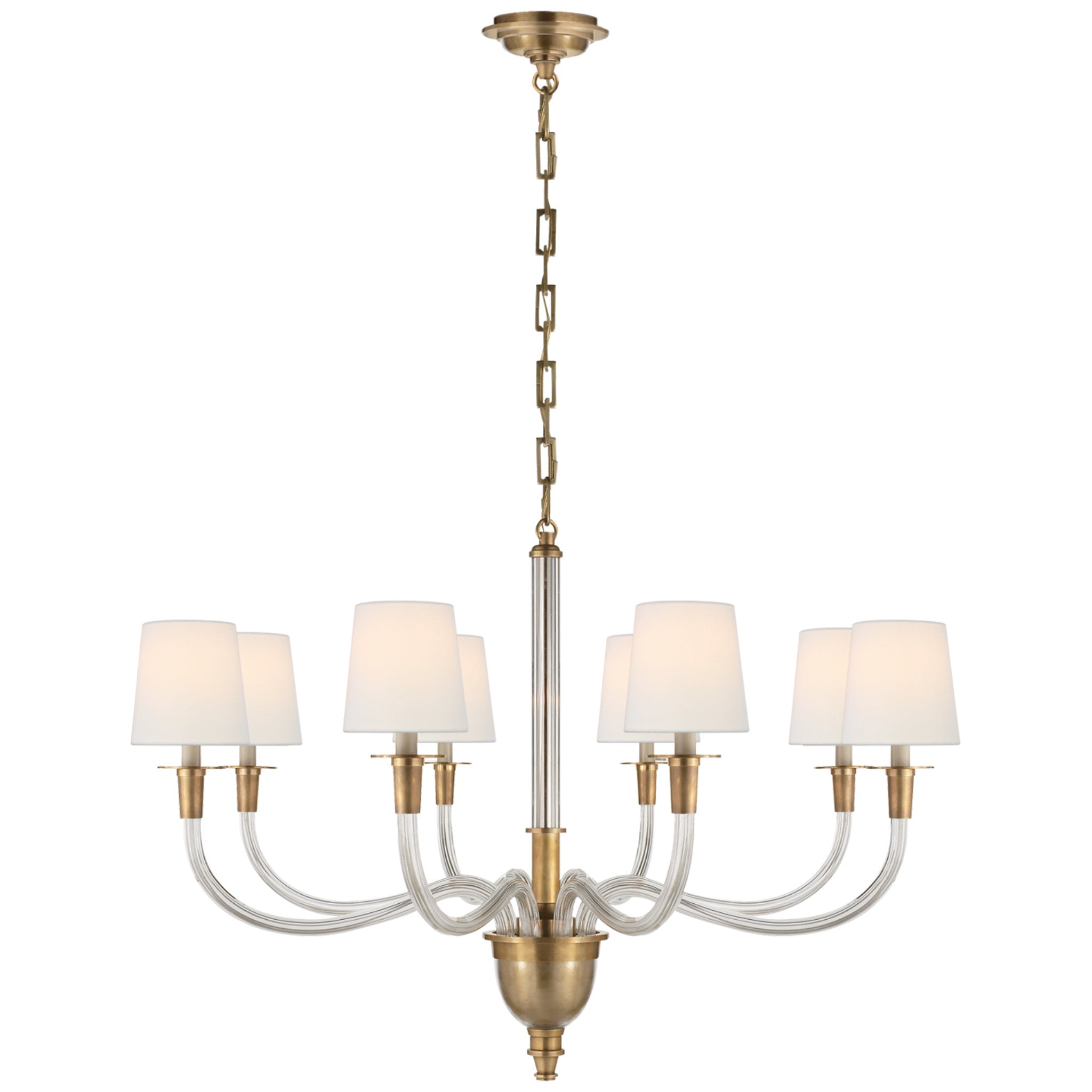 Thomas O'Brien Vivian Large One-Tier Chandelier in Hand-Rubbed Antique Brass with Linen Shades Ceiling Light W36" x H25"