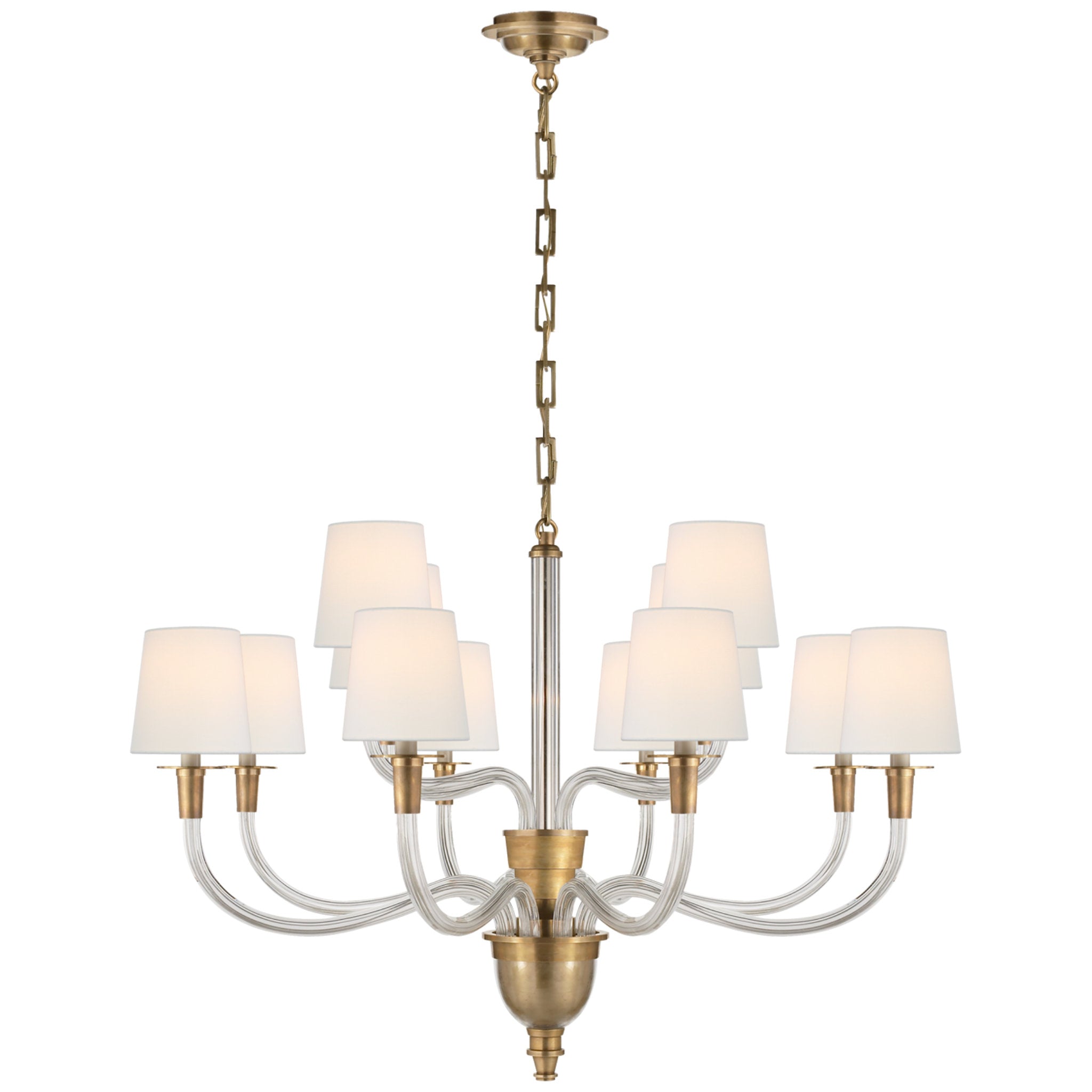 Thomas O'Brien Vivian Large Two-Tier Chandelier in Hand-Rubbed Antique Brass with Linen Shades Ceiling Light W36" x H25"