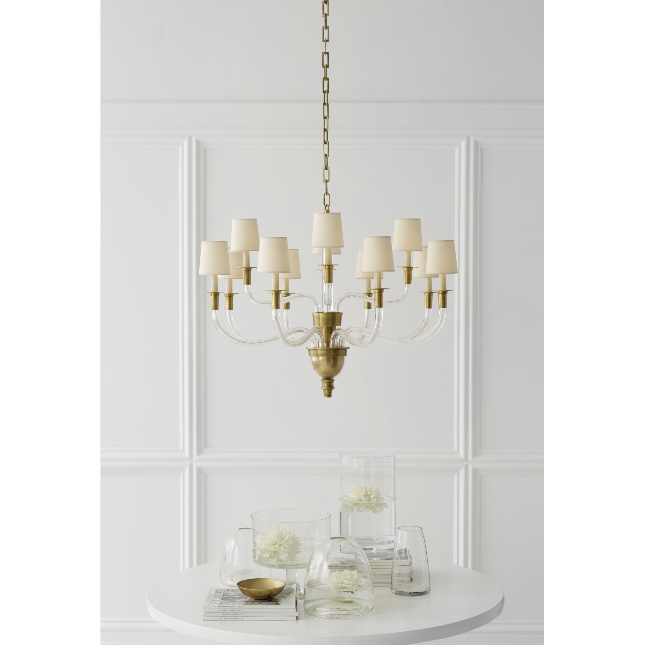 Thomas O'Brien Vivian Large Two-Tier Chandelier in Hand-Rubbed Antique Brass with Natural Paper Shades Ceiling Light W36" x H25"
