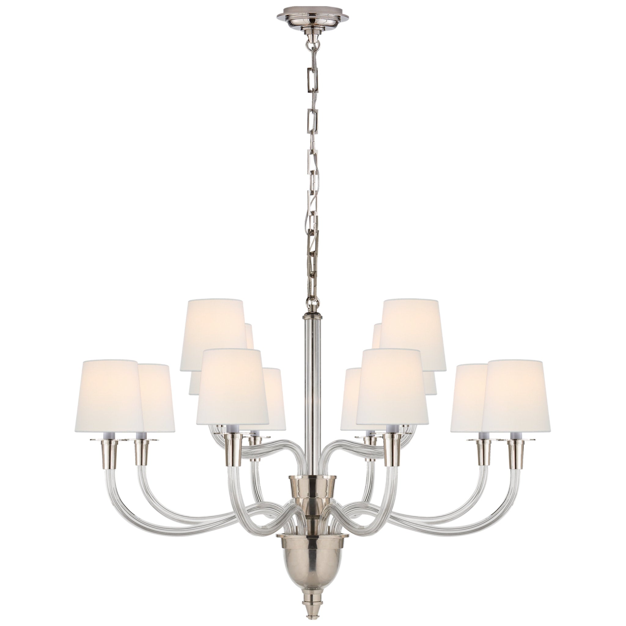 Thomas O'Brien Vivian Large Two-Tier Chandelier in Polished Nickel with Linen Shades Ceiling Light W36" x H25"