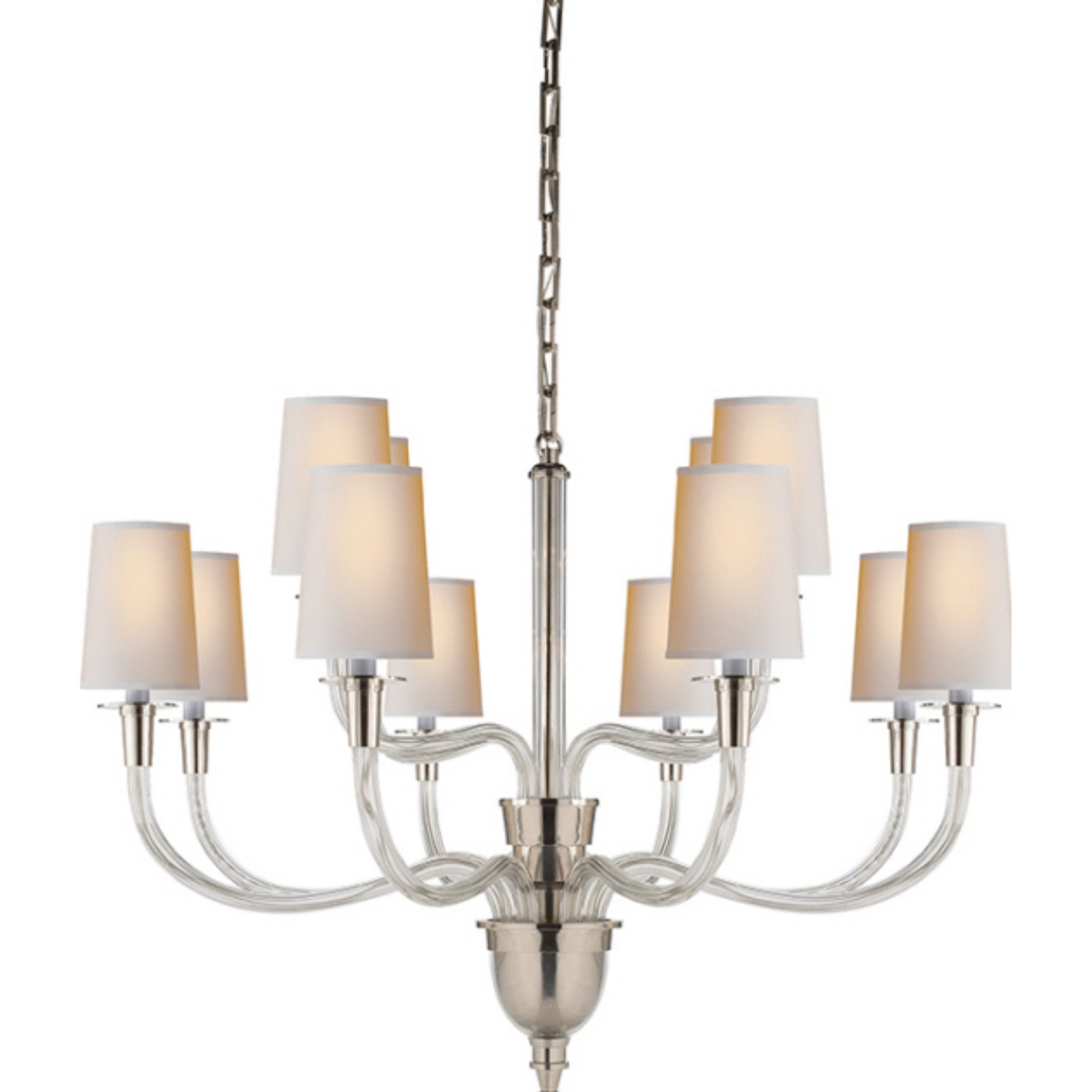 Thomas O'Brien Vivian Large Two-Tier Chandelier in Polished Nickel with Natural Paper Shades Ceiling Light W36" x H25"