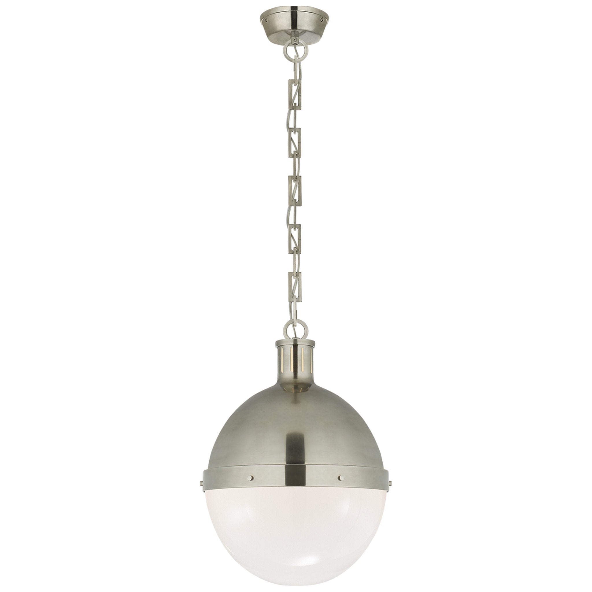 Thomas O'Brien Hicks Large Pendant in Antique Nickel with White Glass Ceiling Light W13.25" x H18"