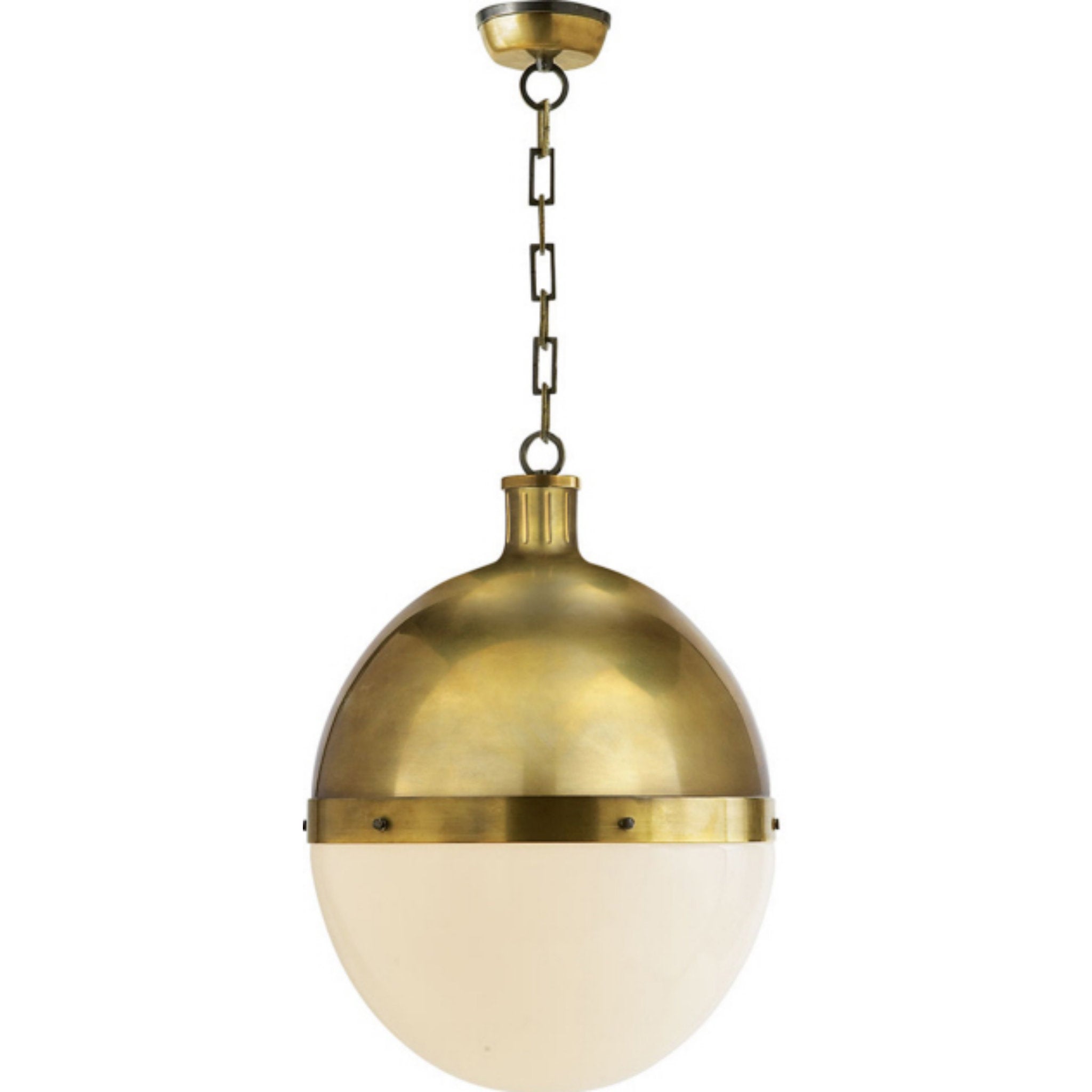 Thomas O'Brien Hicks Extra Large Pendant in Hand-Rubbed Antique Brass with White Glass Ceiling Light W16" x H22"