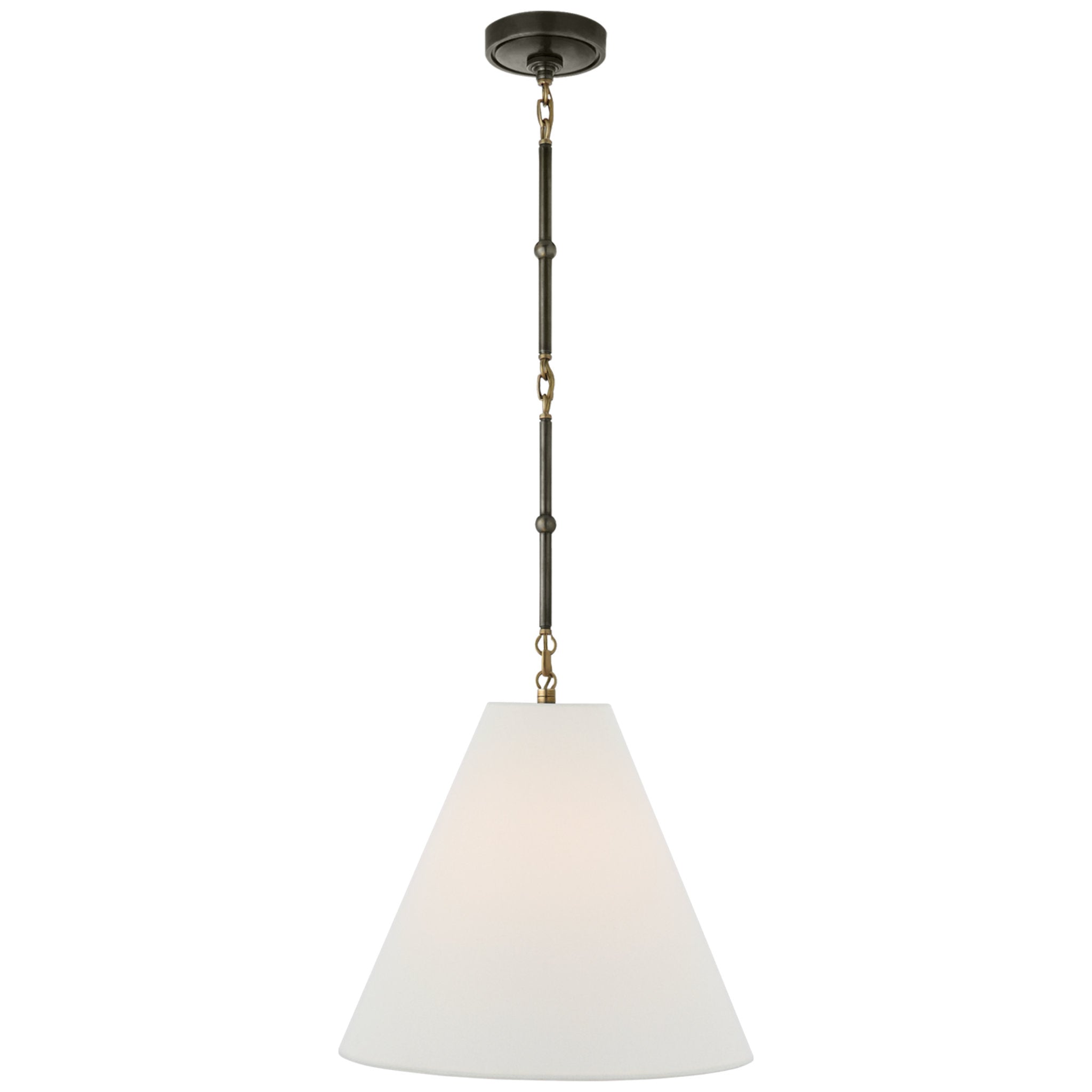 Thomas O'Brien Goodman Small Hanging Light in Bronze and Hand-Rubbed Antique Brass with Linen Shade Ceiling Light W15"