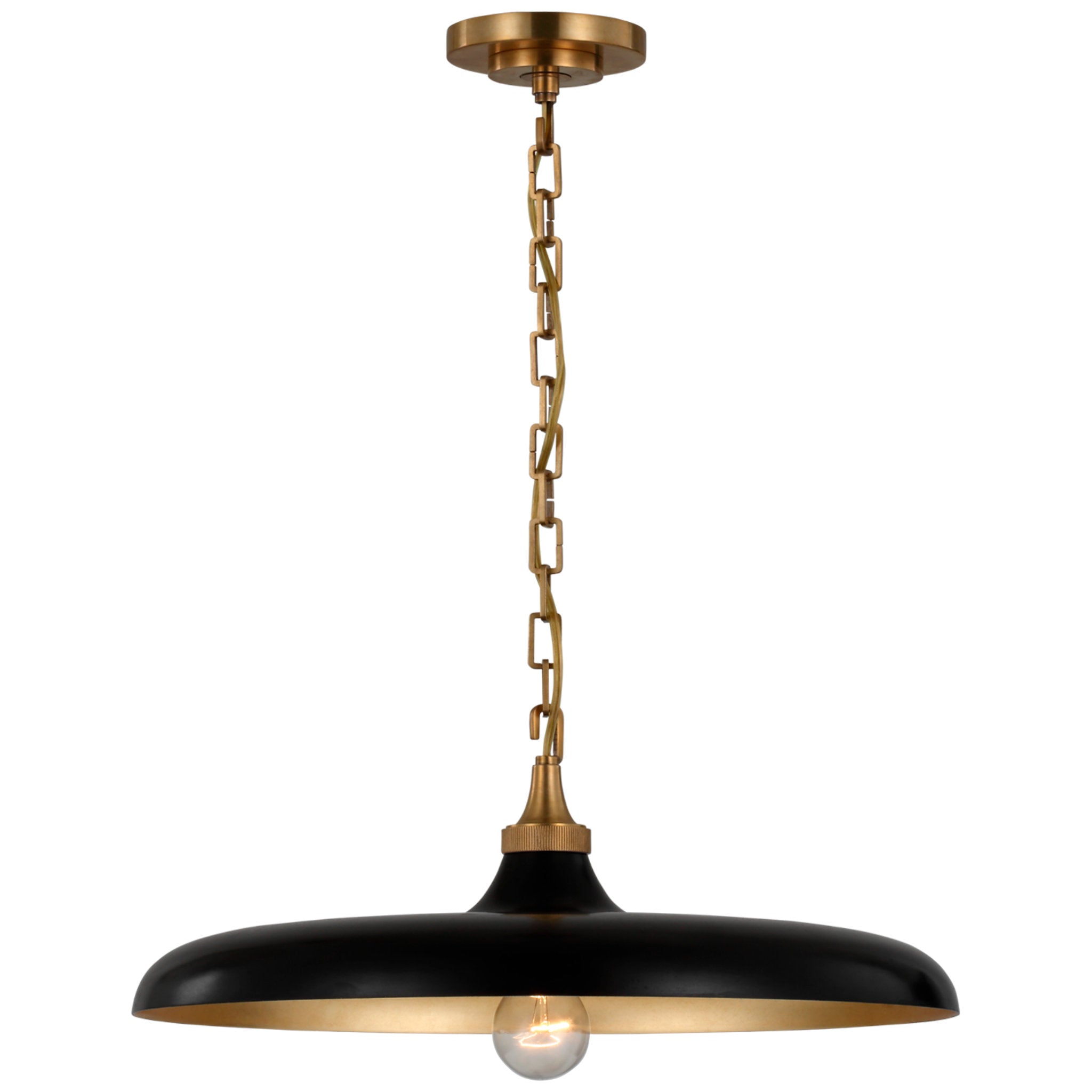 Thomas O'Brien Piatto Medium Pendant in Hand-Rubbed Antique Brass with Aged Iron Shade Ceiling Light W18" x H7"