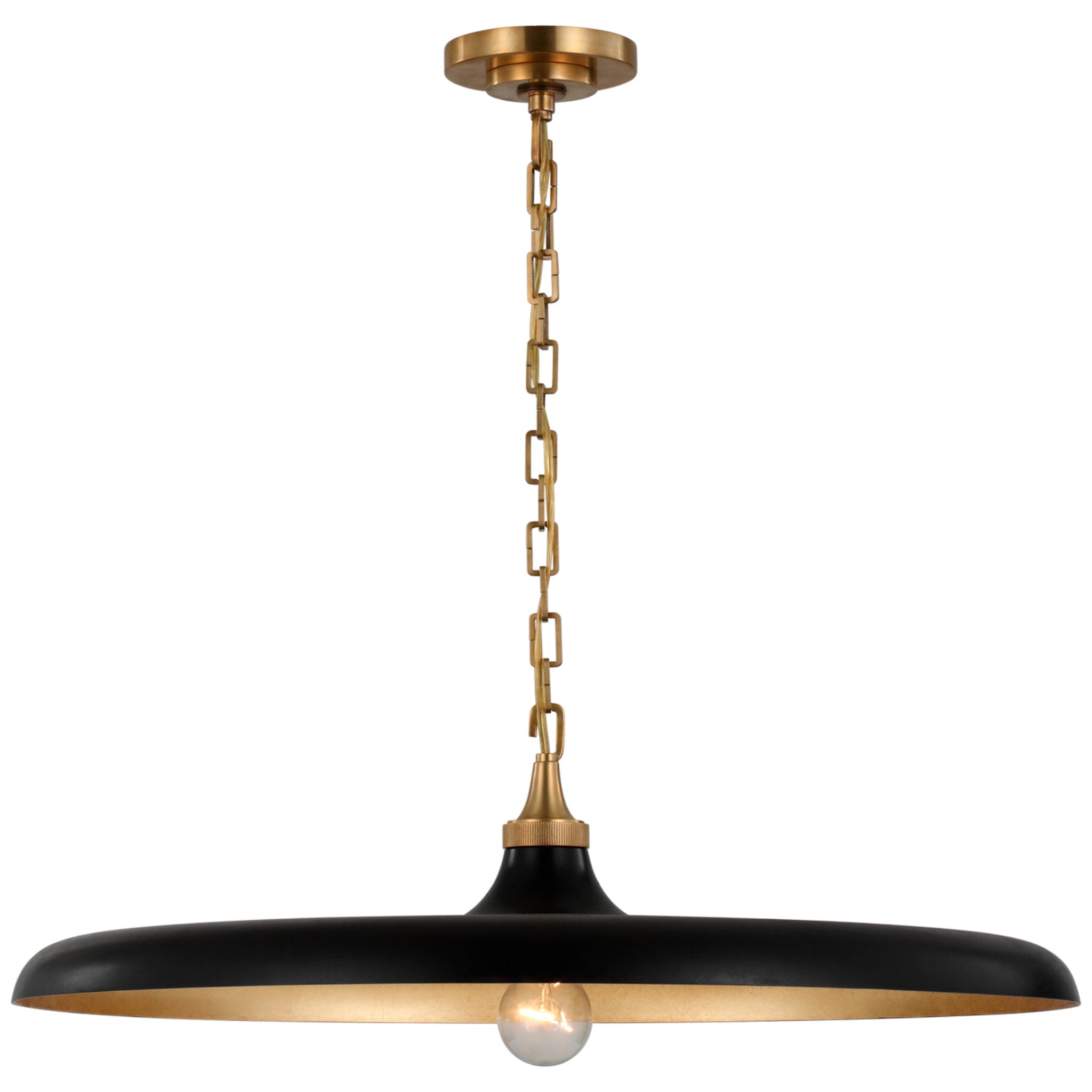 Thomas O'Brien Piatto Large Pendant in Hand-Rubbed Antique Brass with Aged Iron Shade Ceiling Light W24" x H7"
