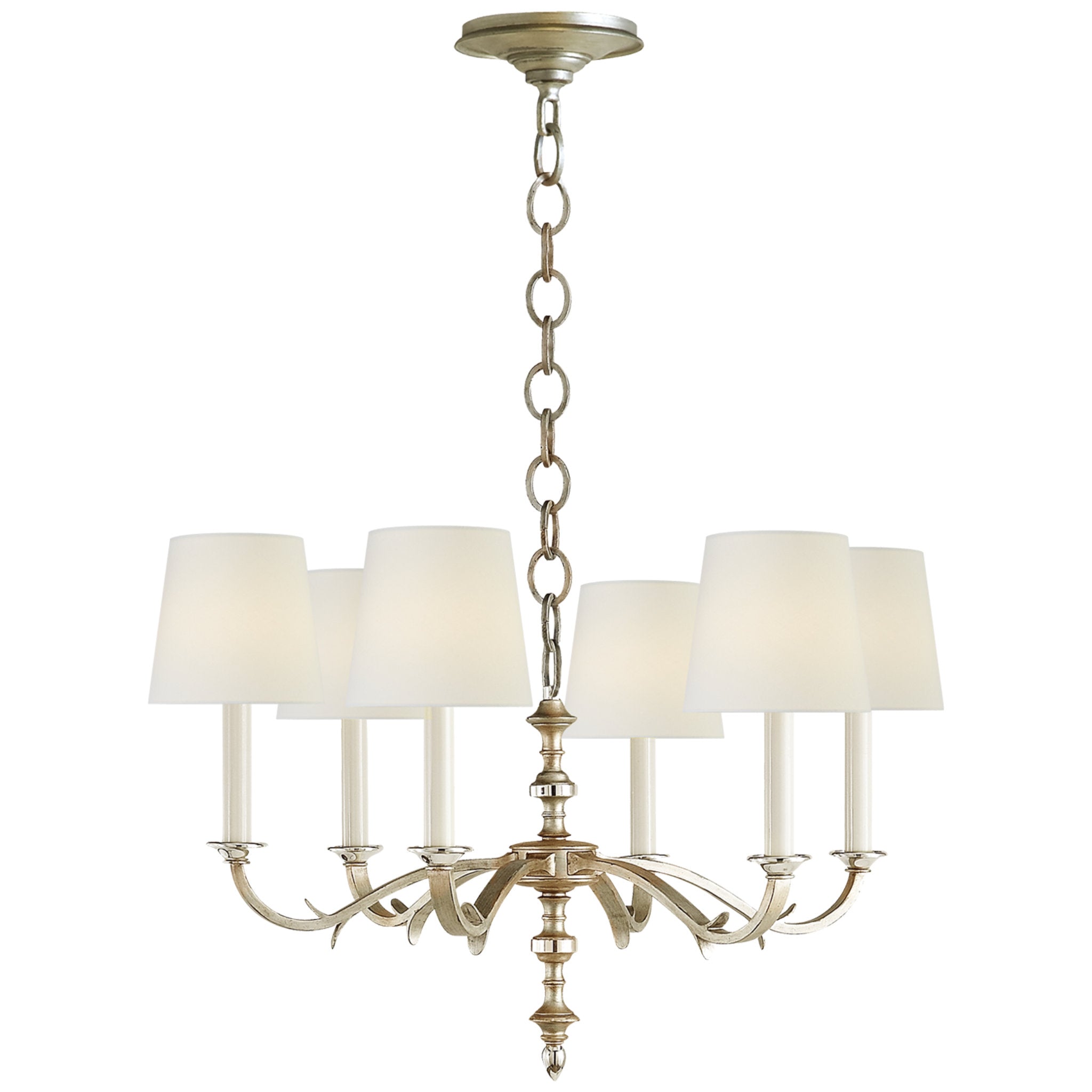 Thomas O'Brien Channing Small Chandelier in Burnished Silver Leaf with Linen Shades Ceiling Light W28" x H18.5"