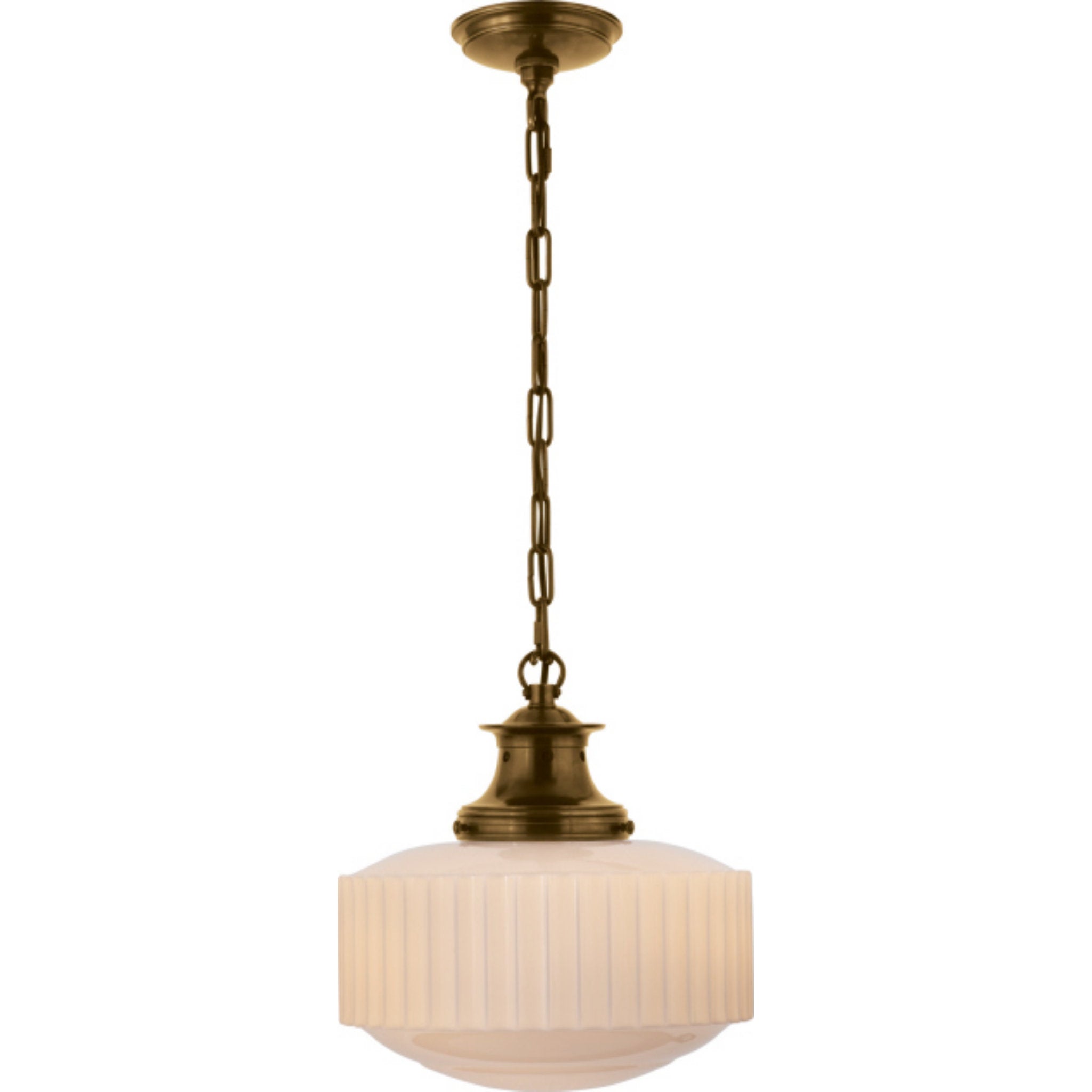 Thomas O'Brien Milton Road Flush Mount in Hand-Rubbed Antique Brass with White Glass Ceiling Light W14.25" x H14"