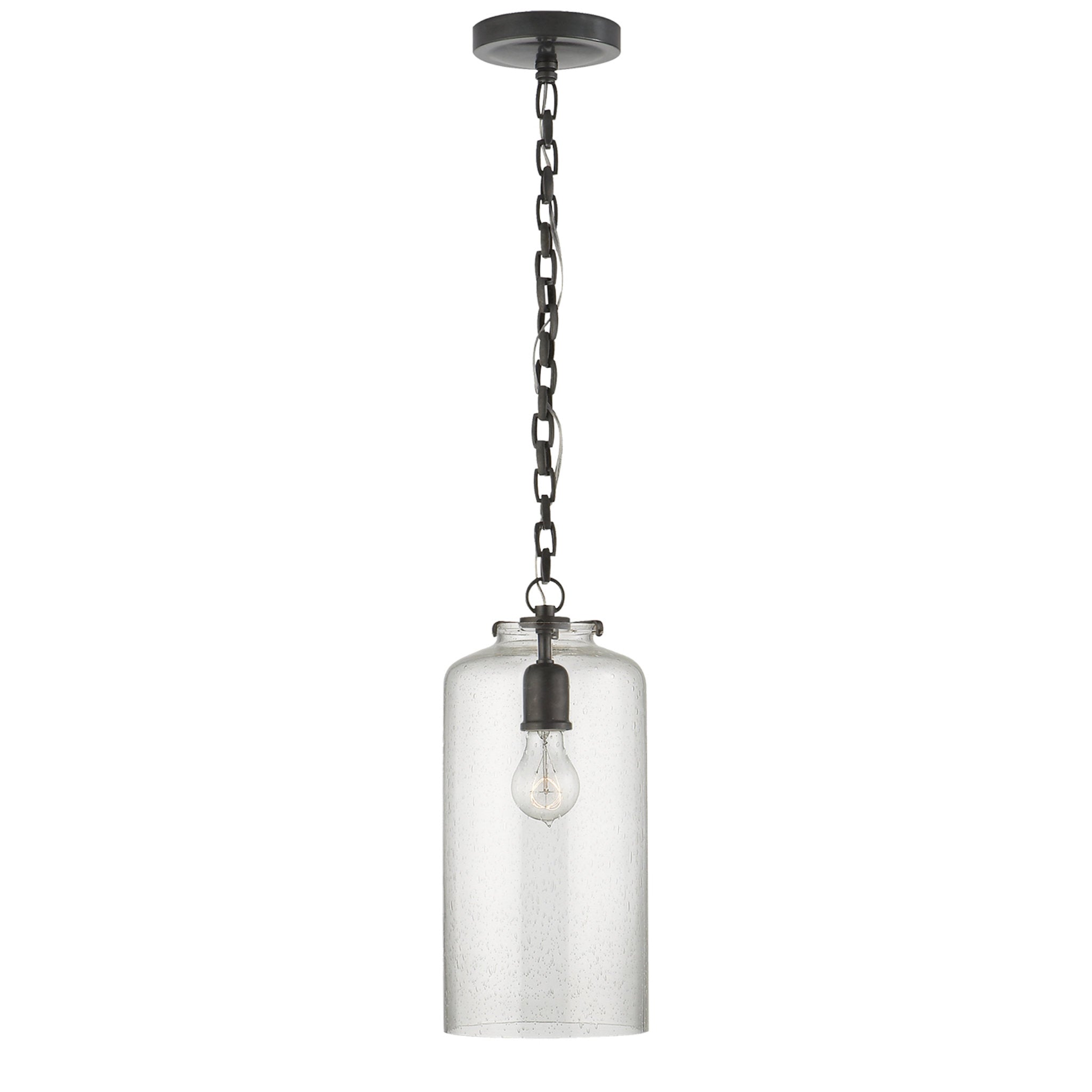 Thomas O'Brien Katie Cylinder Pendant in Bronze with Seeded Glass Ceiling Light W7" x H15.75"