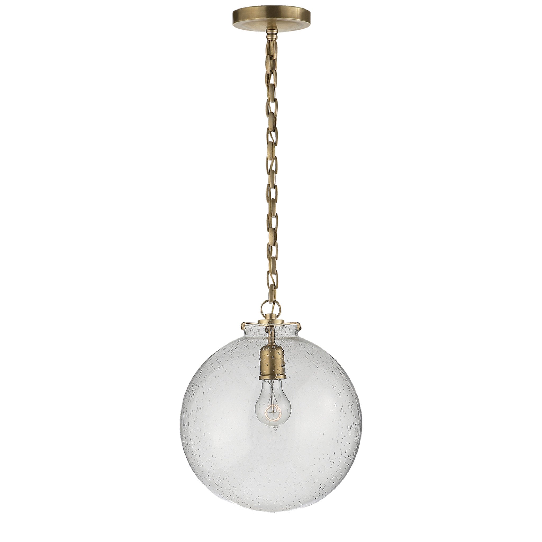 Thomas O'Brien Katie Globe Pendant in Hand-Rubbed Antique Brass with Seeded Glass Ceiling Light W12" x H14"