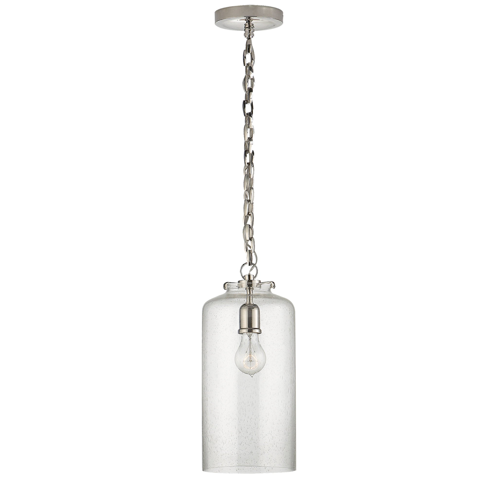 Thomas O'Brien Katie Cylinder Pendant in Polished Nickel with Seeded Glass Ceiling Light W7" x H15.75"