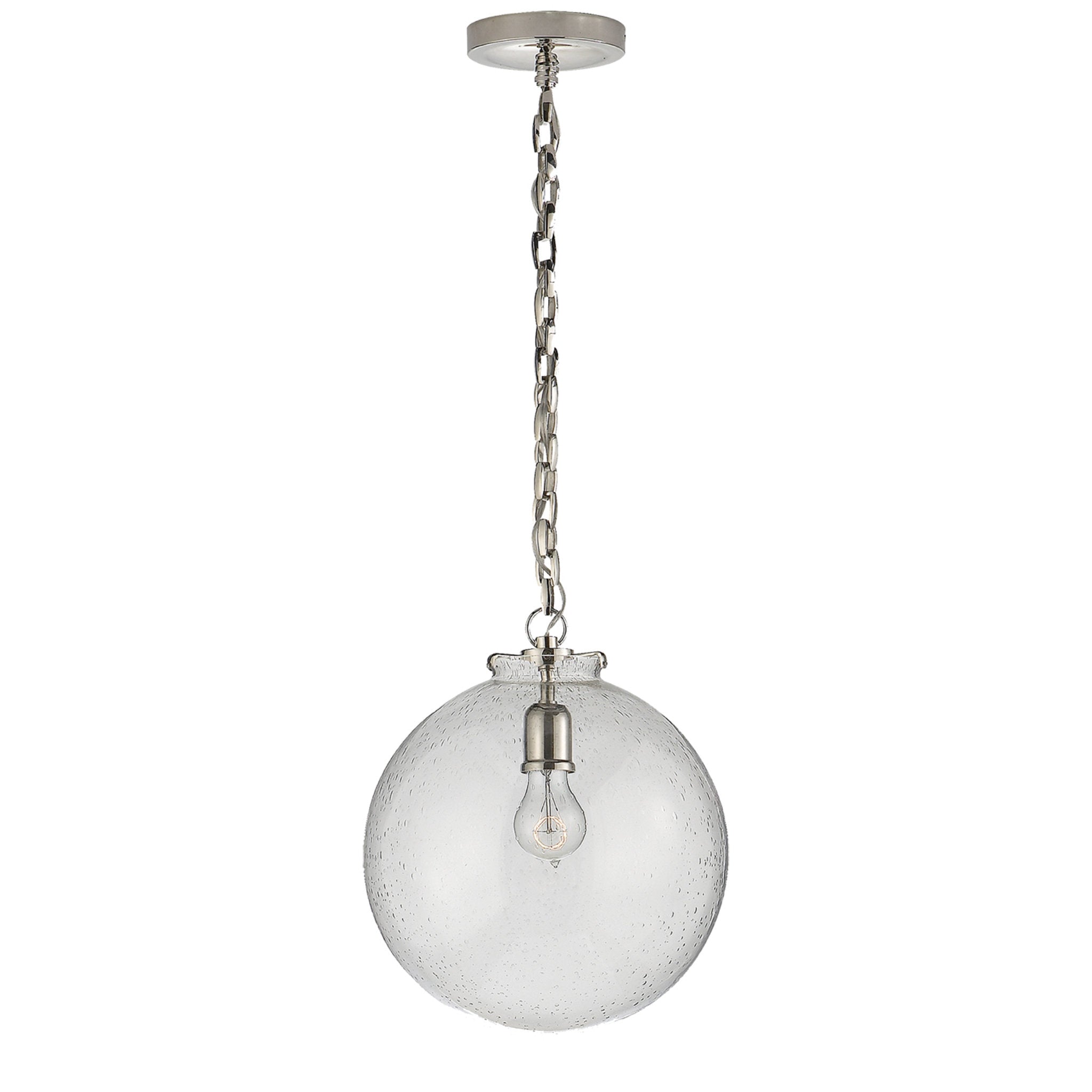 Thomas O'Brien Katie Globe Pendant in Polished Nickel with Seeded Glass Ceiling Light W12" x H14"