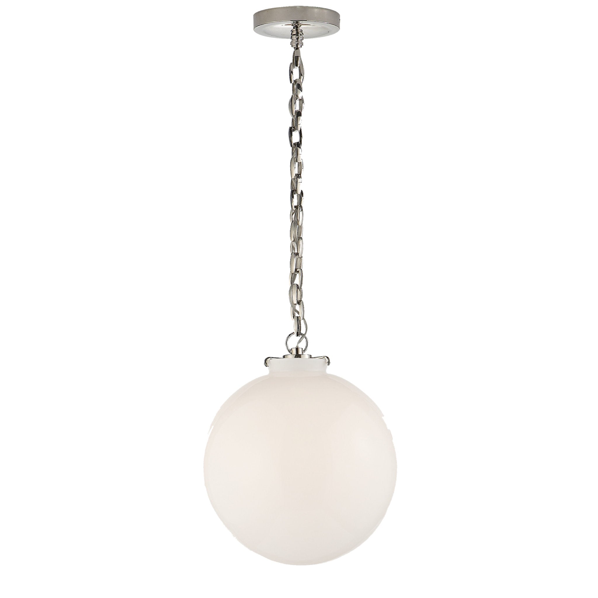 Thomas O'Brien Katie Globe Pendant in Polished Nickel with White Glass Ceiling Light W12" x H14"