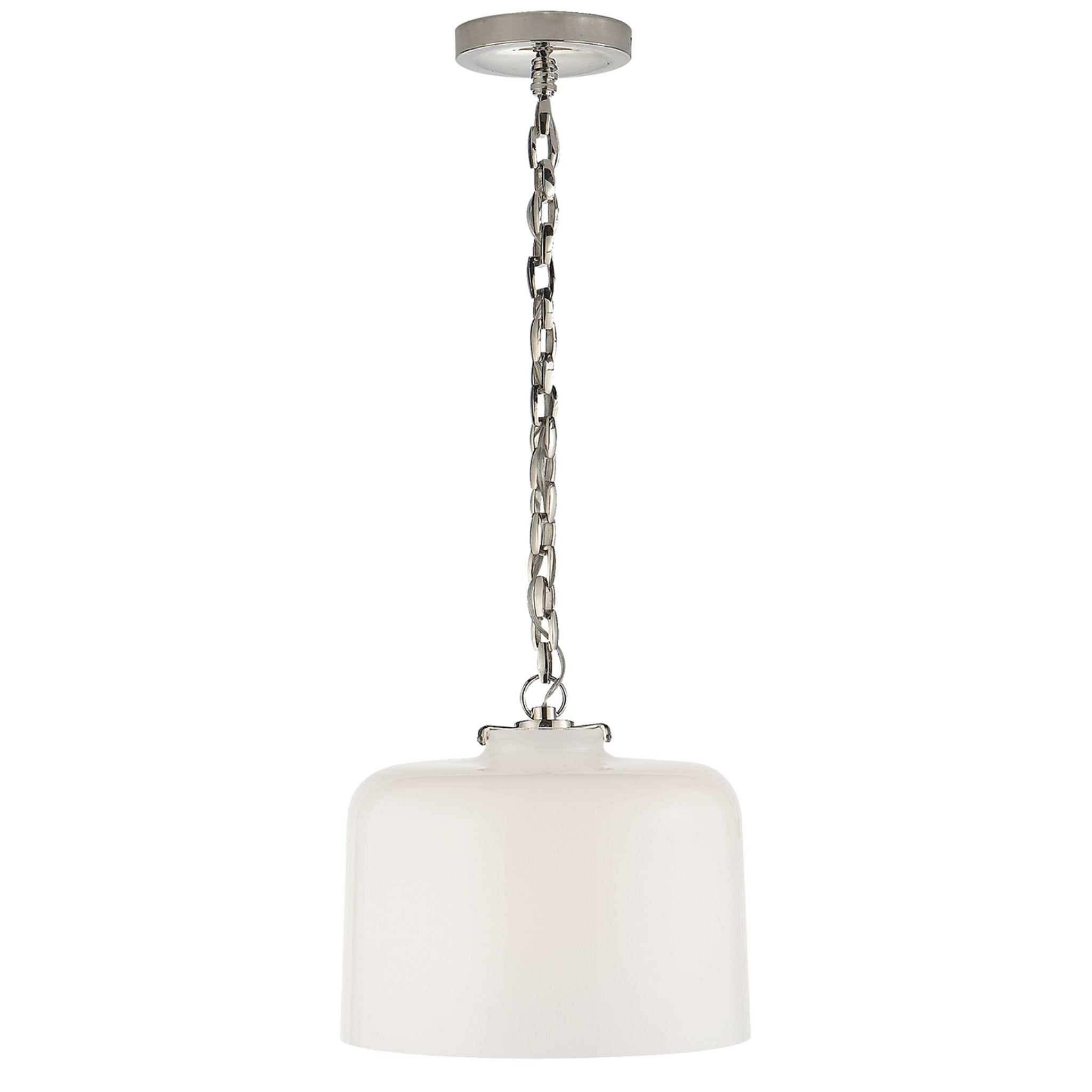 Thomas O'Brien Katie Dome Pendant in Polished Nickel with White Glass Ceiling Light W12" x H10.75"
