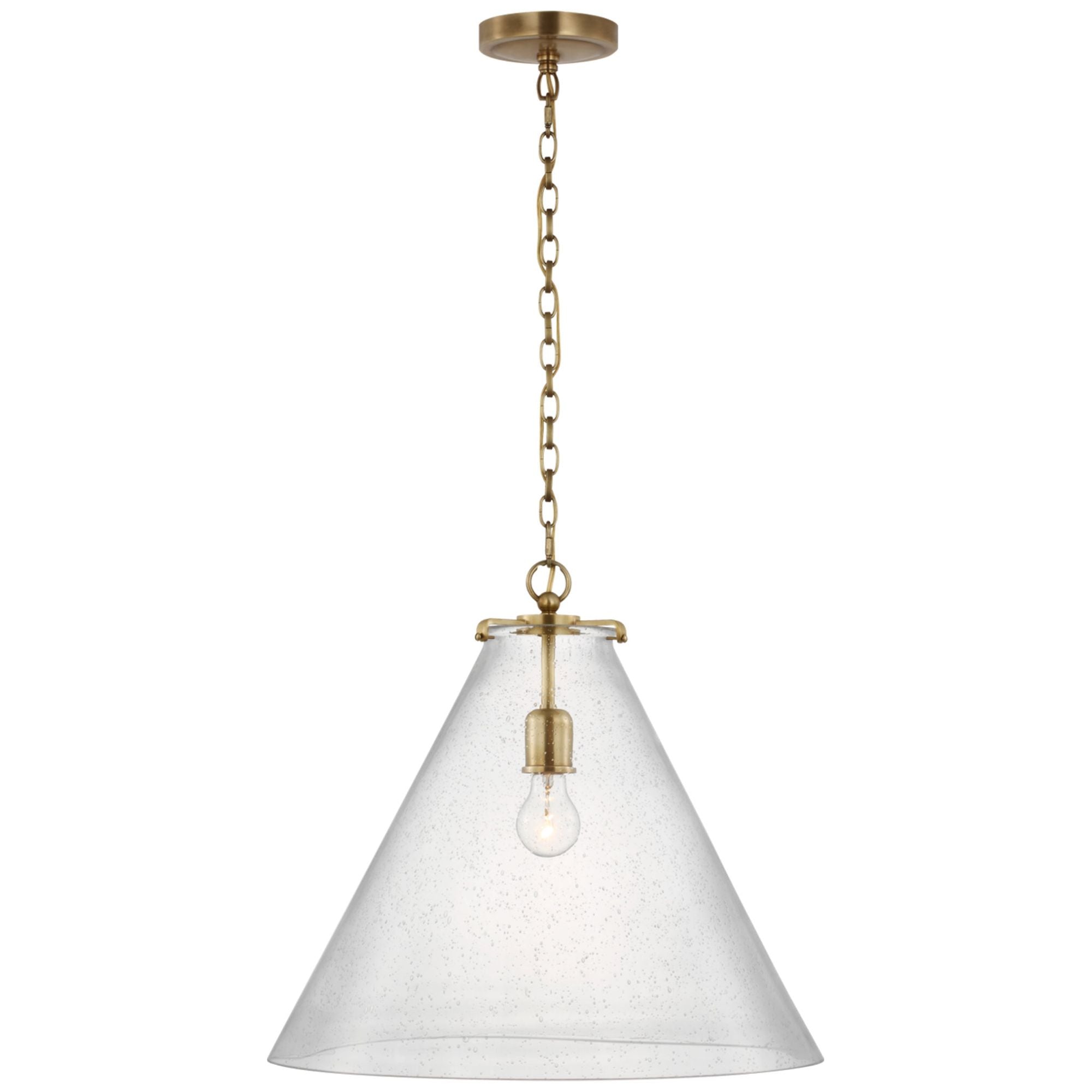 Thomas O'Brien Katie Large Conical Pendant in Hand-Rubbed Antique Brass with Seeded Glass Ceiling Light W20" x H18.25"