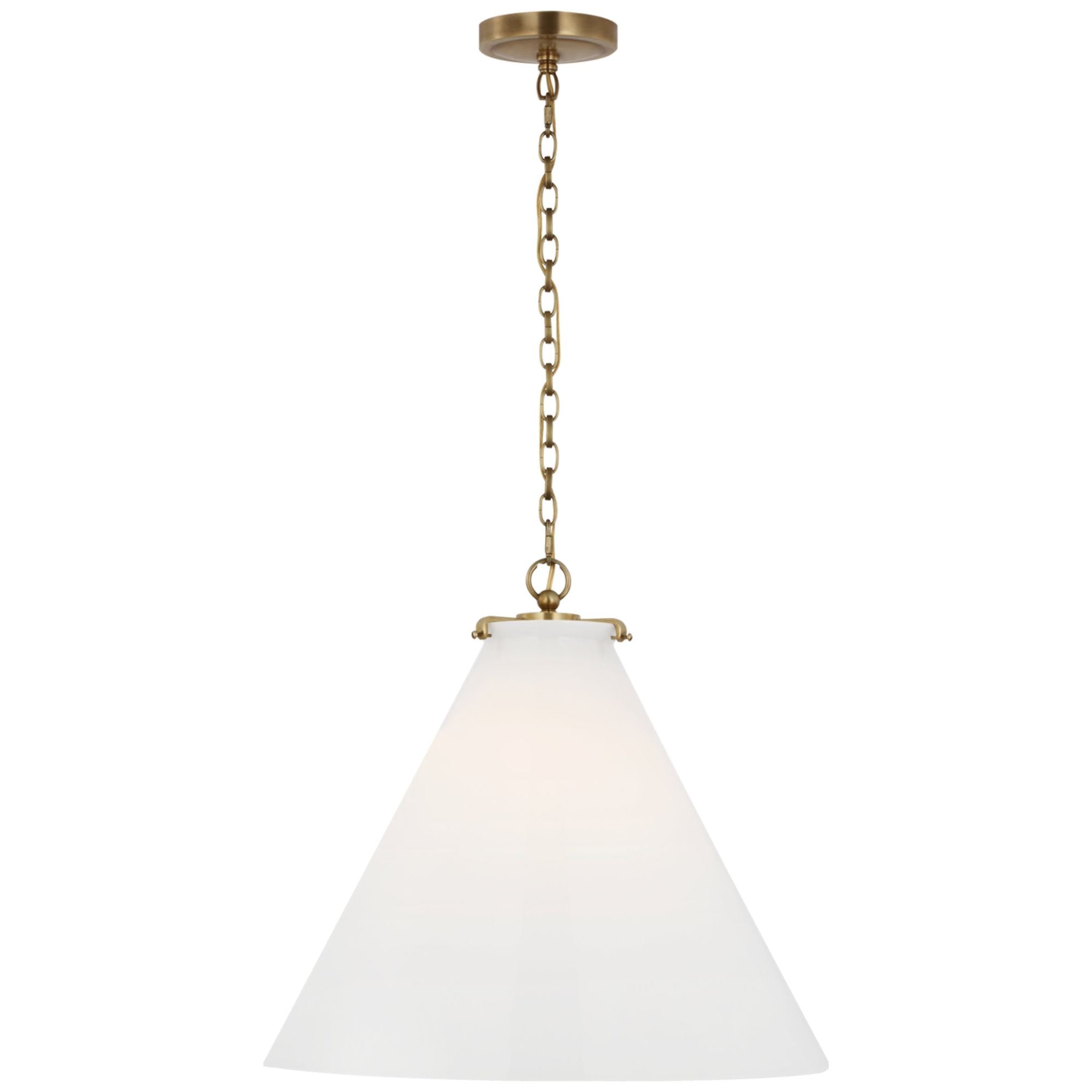 Thomas O'Brien Katie Large Conical Pendant in Hand-Rubbed Antique Brass with White Glass Ceiling Light W20" x H18.25"