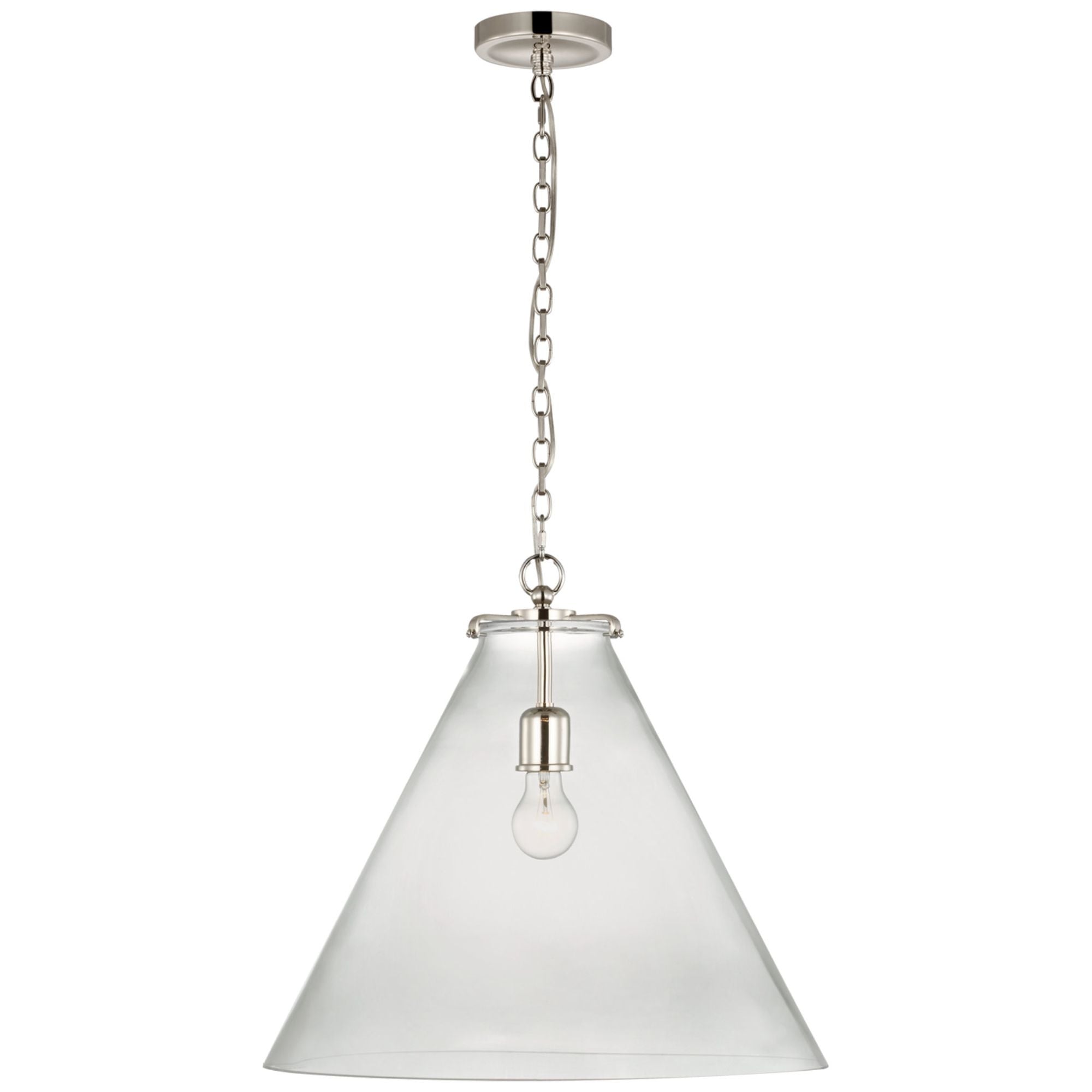 Thomas O'Brien Katie Large Conical Pendant in Polished Nickel with Clear Glass Ceiling Light W20" x H18.25"