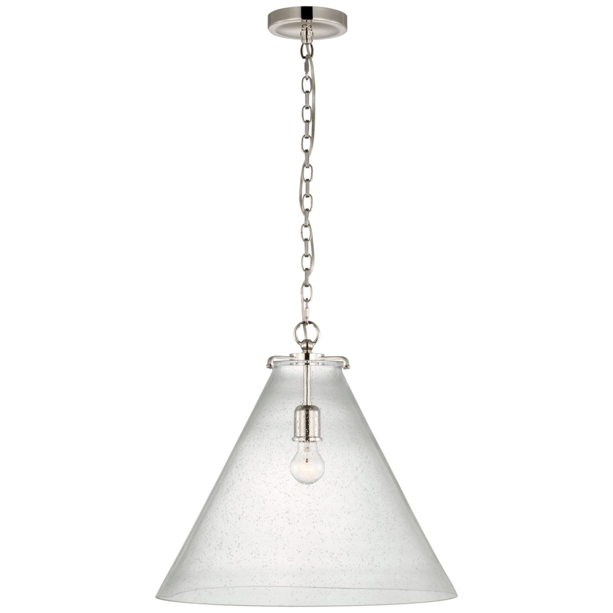Thomas O'Brien Katie Large Conical Pendant in Polished Nickel with Seeded Glass Ceiling Light W20" x H18.25"